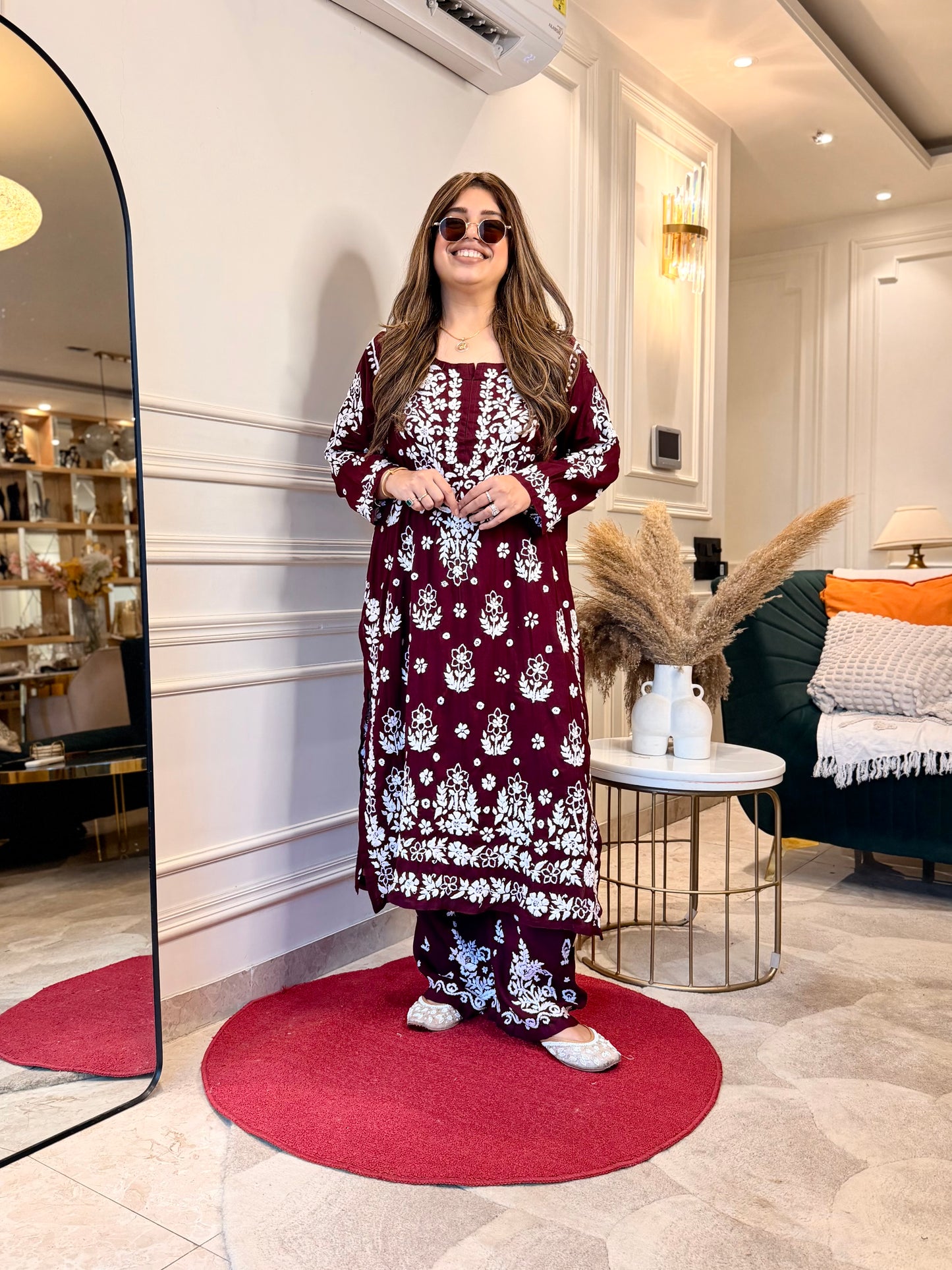 Hand embroidered 3D Chikankari Kurta set | Premium Modal| Mahroon