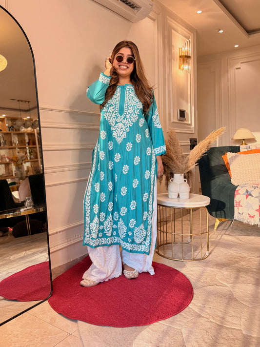 Hand Embroidered 3D Chikankari Kurta | Mul Chanderi | Frozi