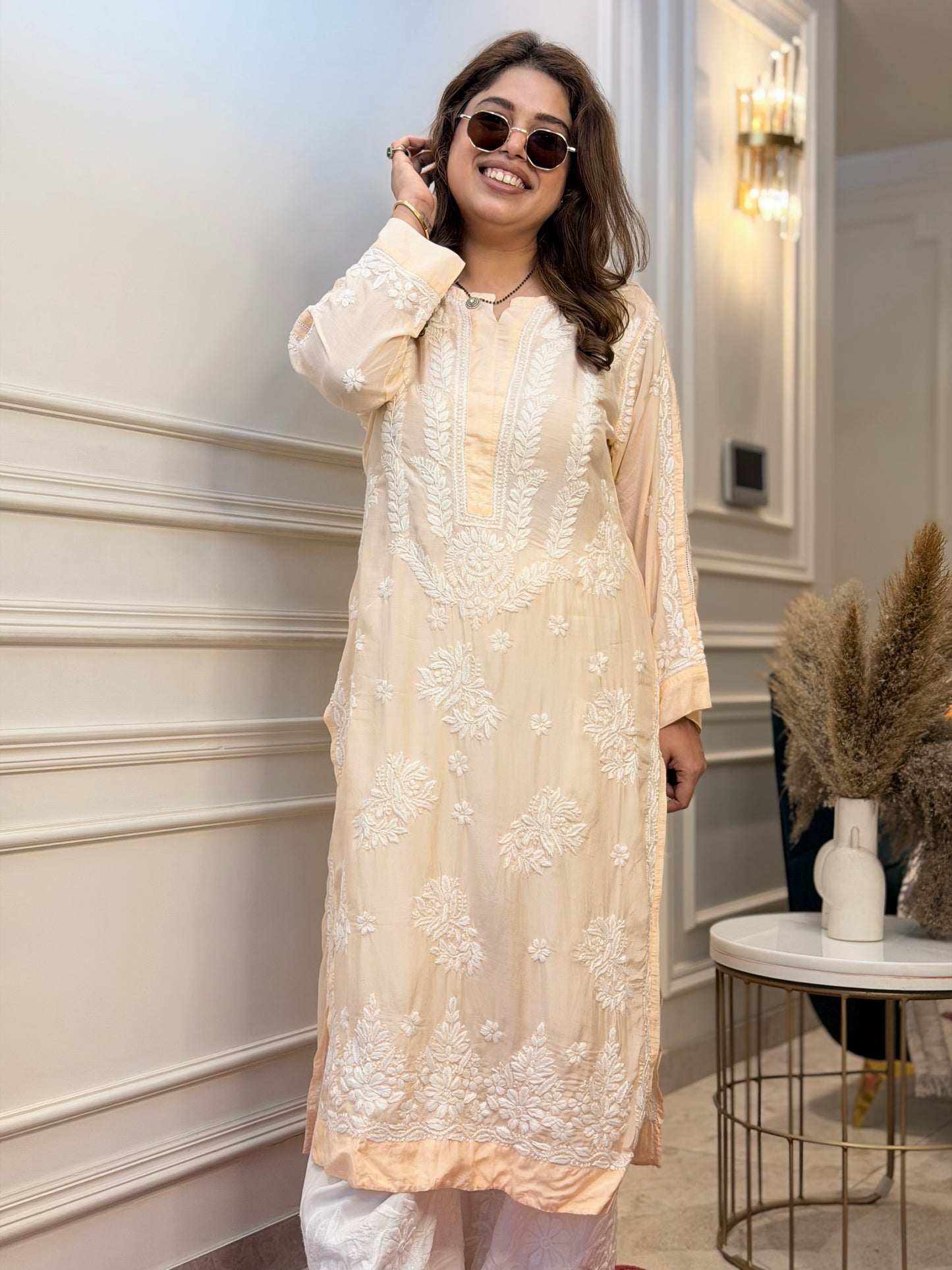 Hand Embroidered Chikankari Kurta Set | Premium Mul Chanderi | Light Peach