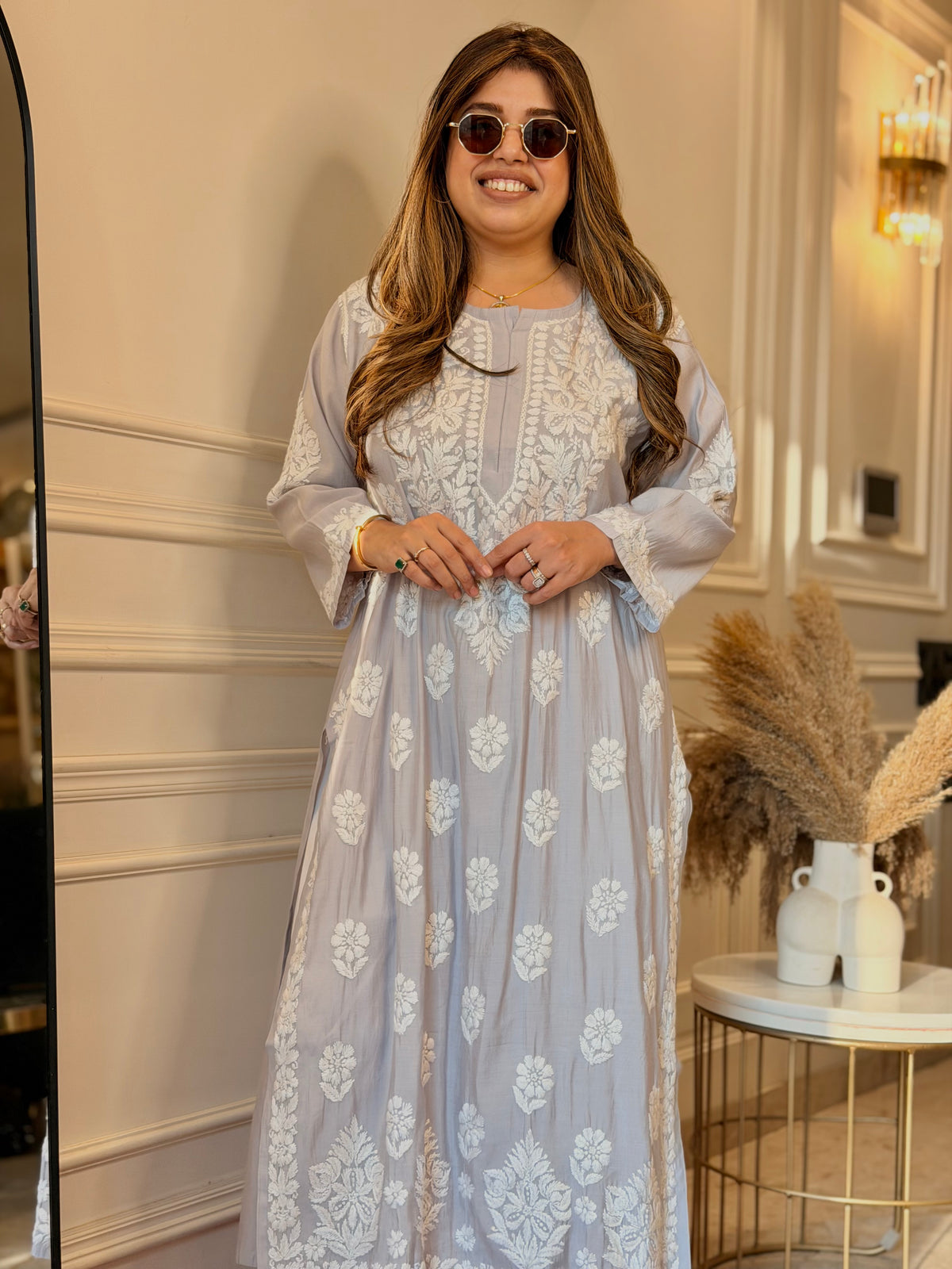 Hand Embroidered 3D Chikankari Kurta | Mul Chanderi | Grey