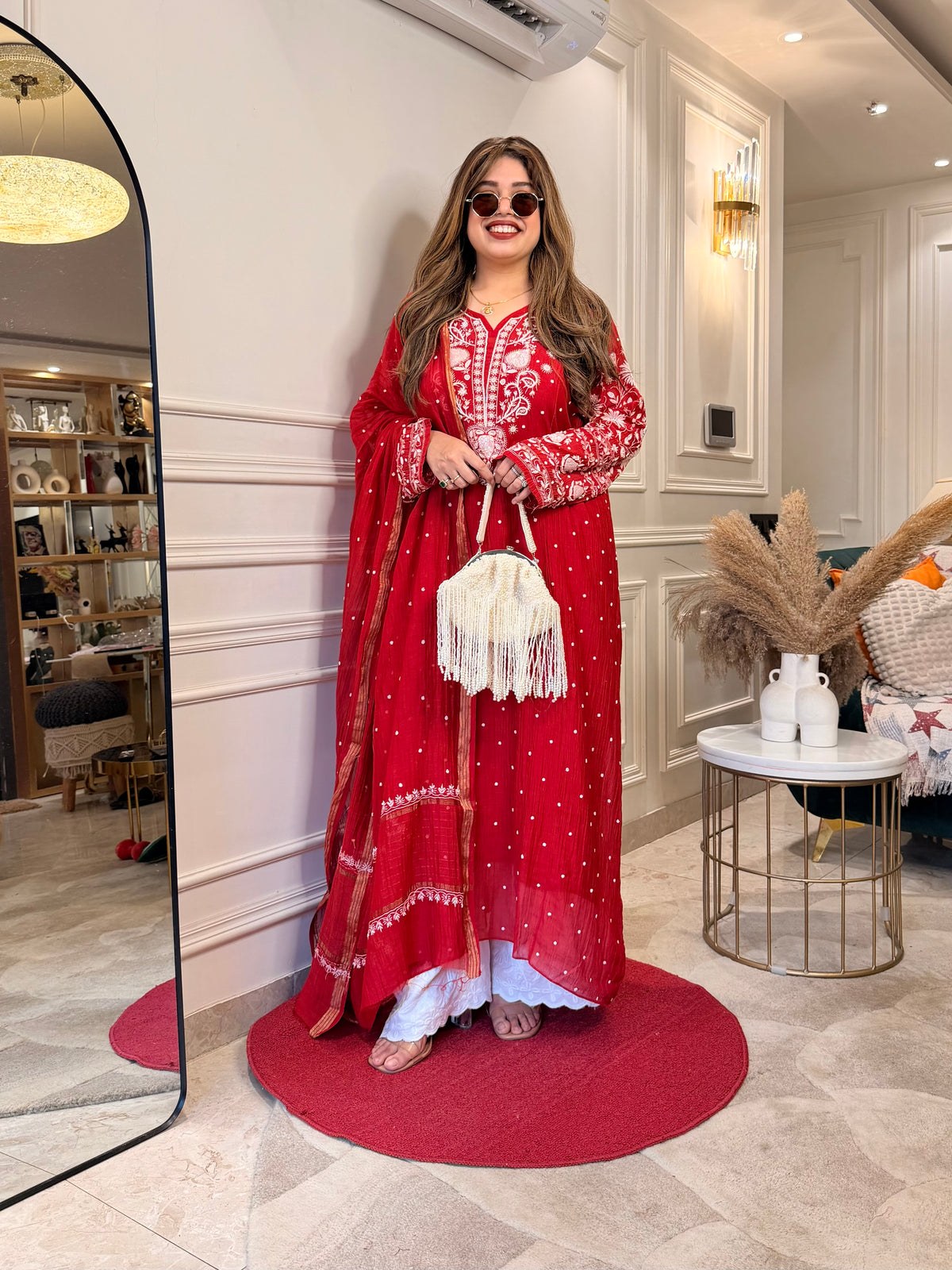Premium Hand Embroidered Chikankari Kurta & Duppta | Mul Chanderi | Red