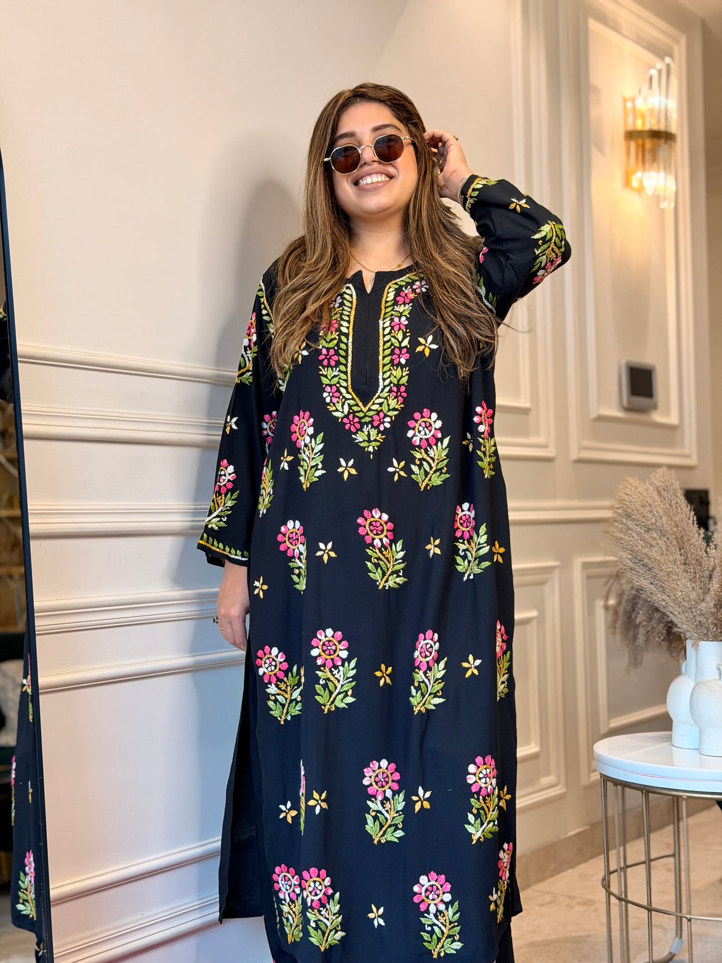 Hand Embroidered Chikankari Kurta set | Premium Soft Cotton | Black with Pink