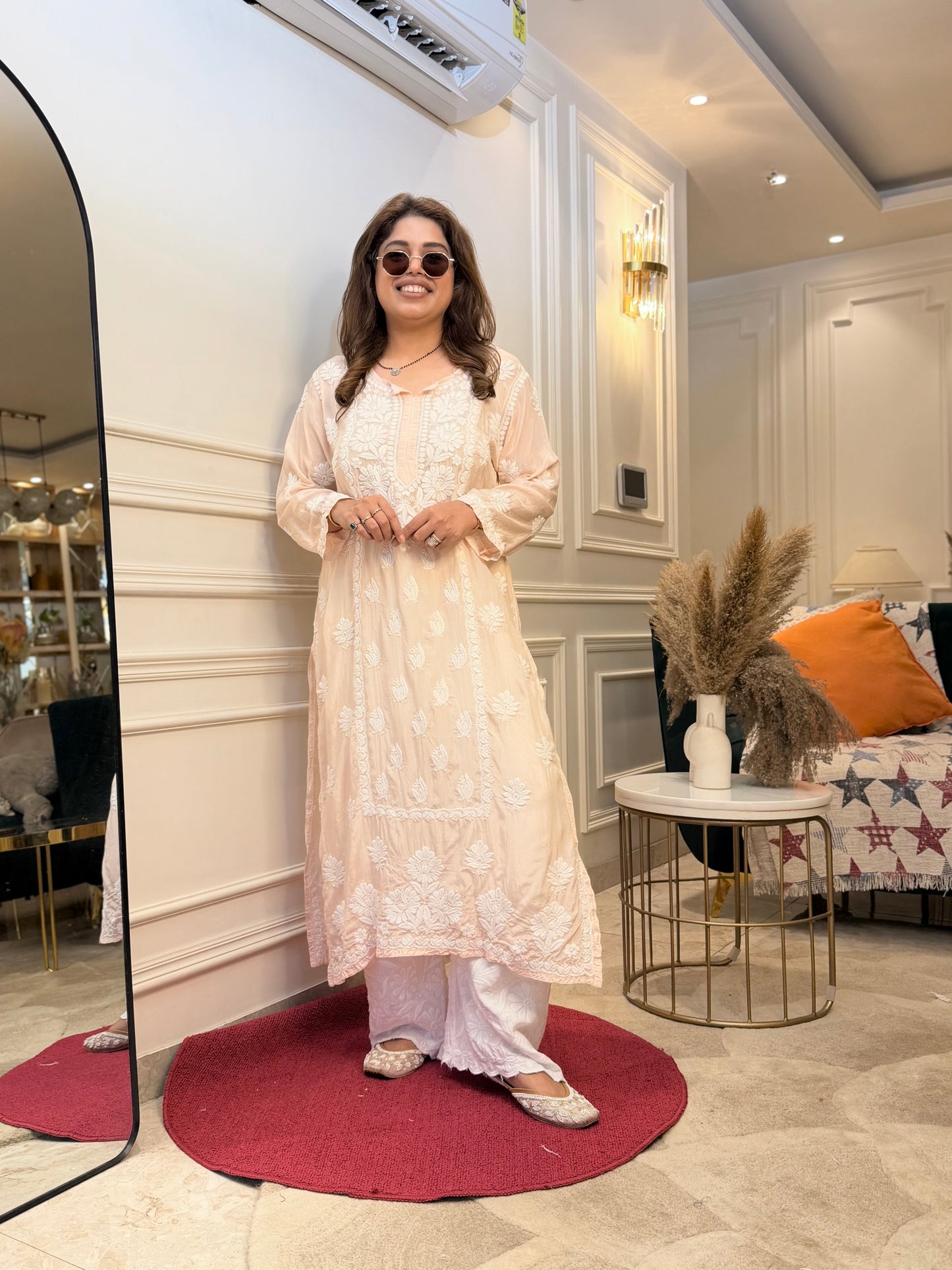 Hand Embroidered Chikankari Kurta Set | Premium Mul Chanderi | Light Peach