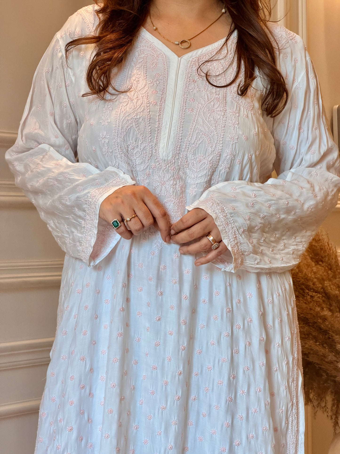 Hand Embroidered Chikankari Kurta  | Mul Chanderi | white with Pink| Plus Size