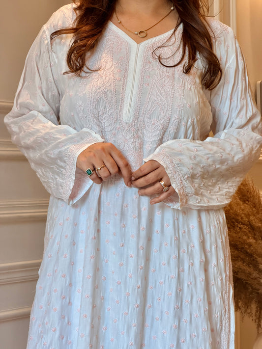 Hand Embroidered Chikankari Kurta  | Mul Chanderi | white with Pink| Plus Size