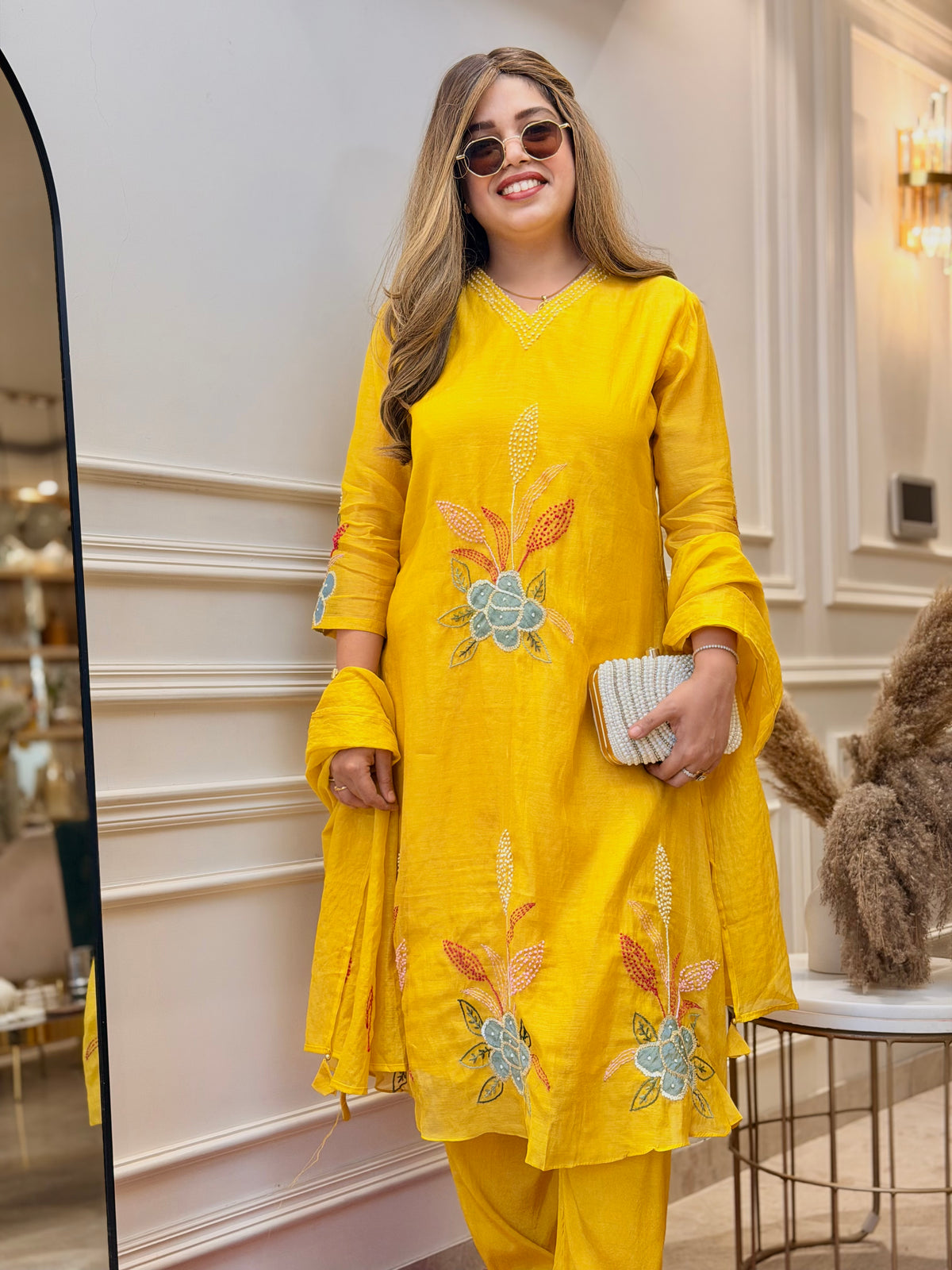 Exclusive Mul Chanderi 3Piece A line kurta set | Mustard