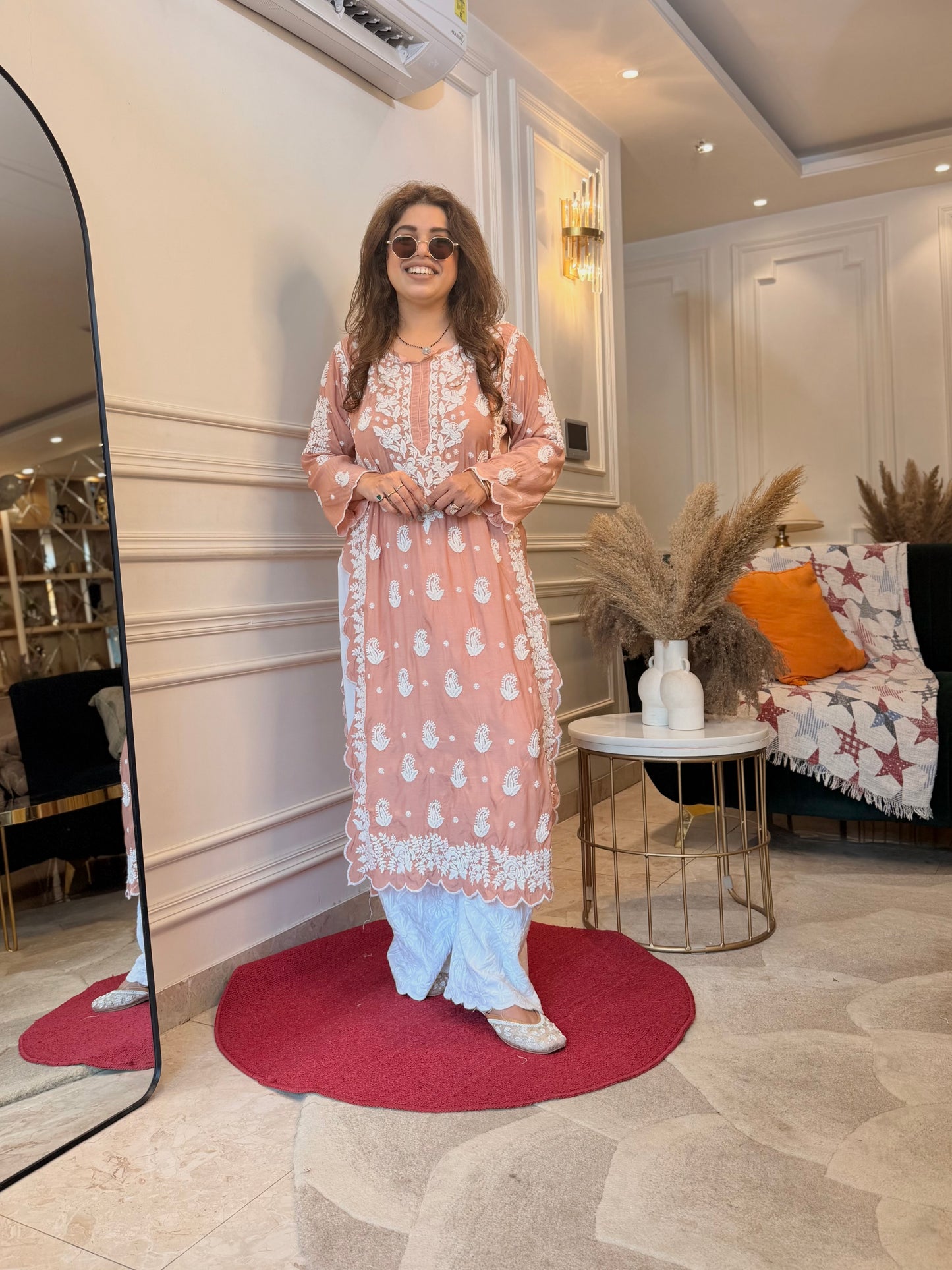 Hand embroidered 6D Chikankari Kurta | Mul Chanderi | Sand
