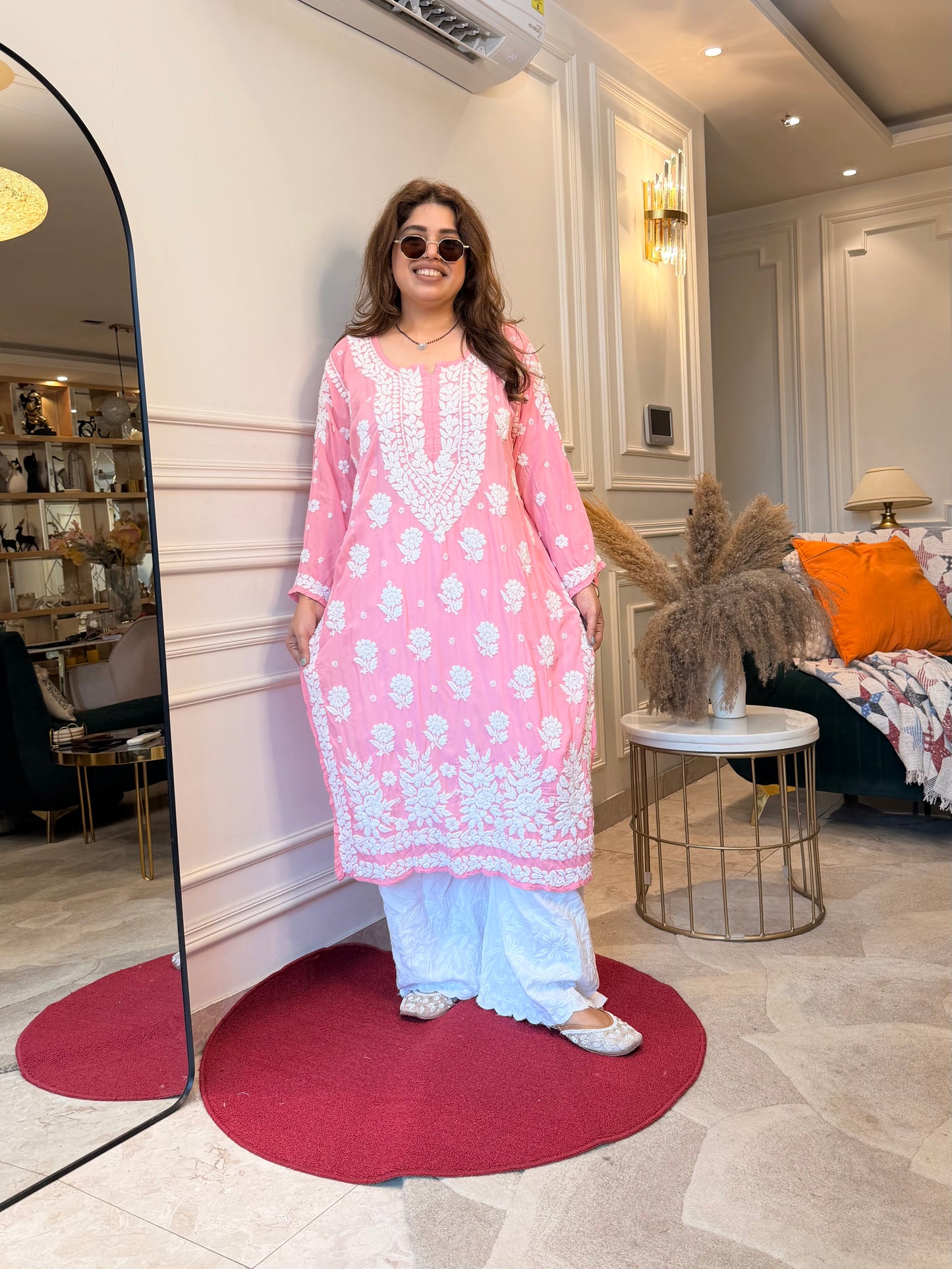 Hand Embroidered 3DChikankari Kurta set | Premium Modal  | Candy Pink