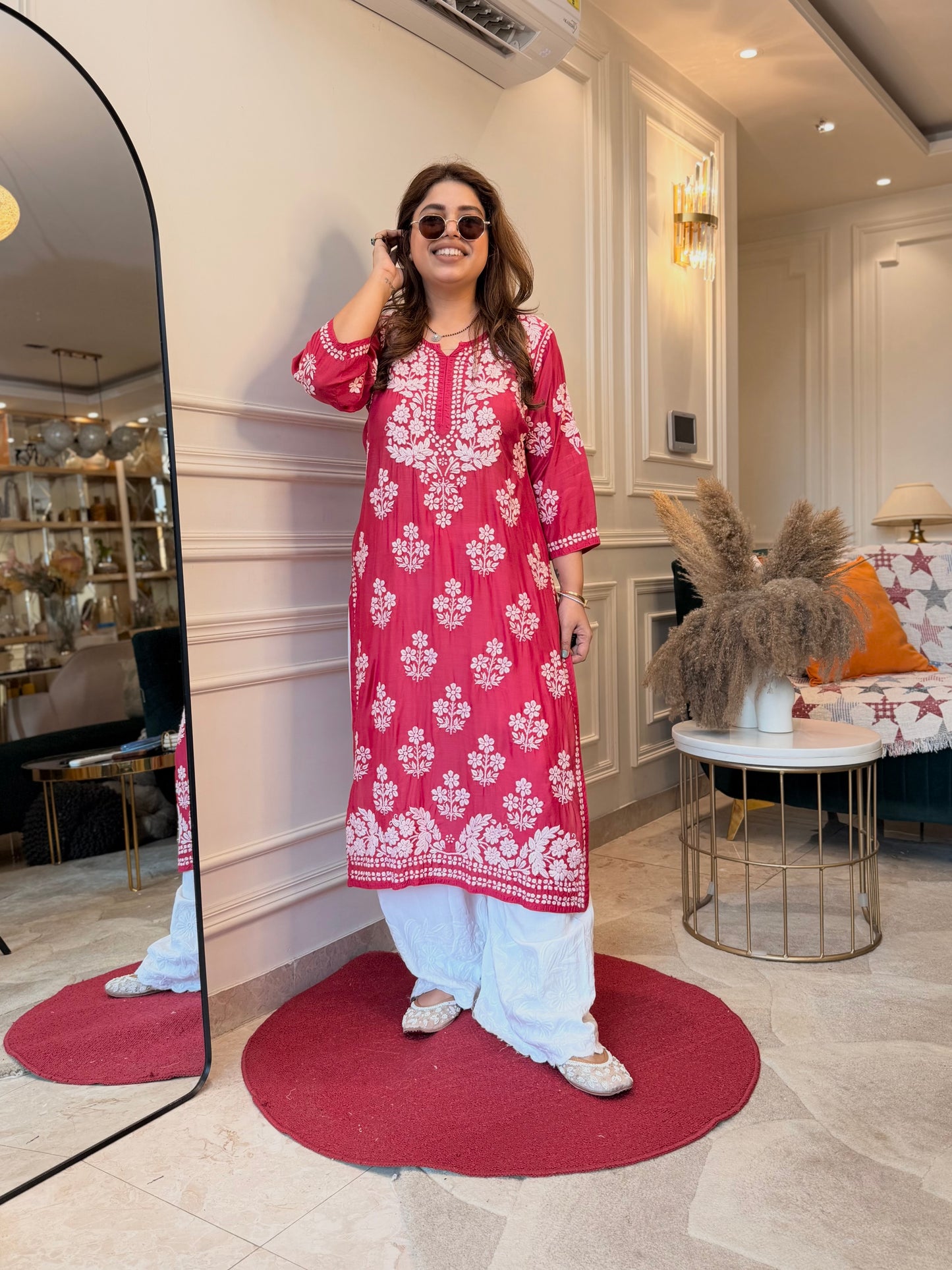 Hand Embroidered 3DChikankari Kurta  | Mul Chanderi | Rose Pink