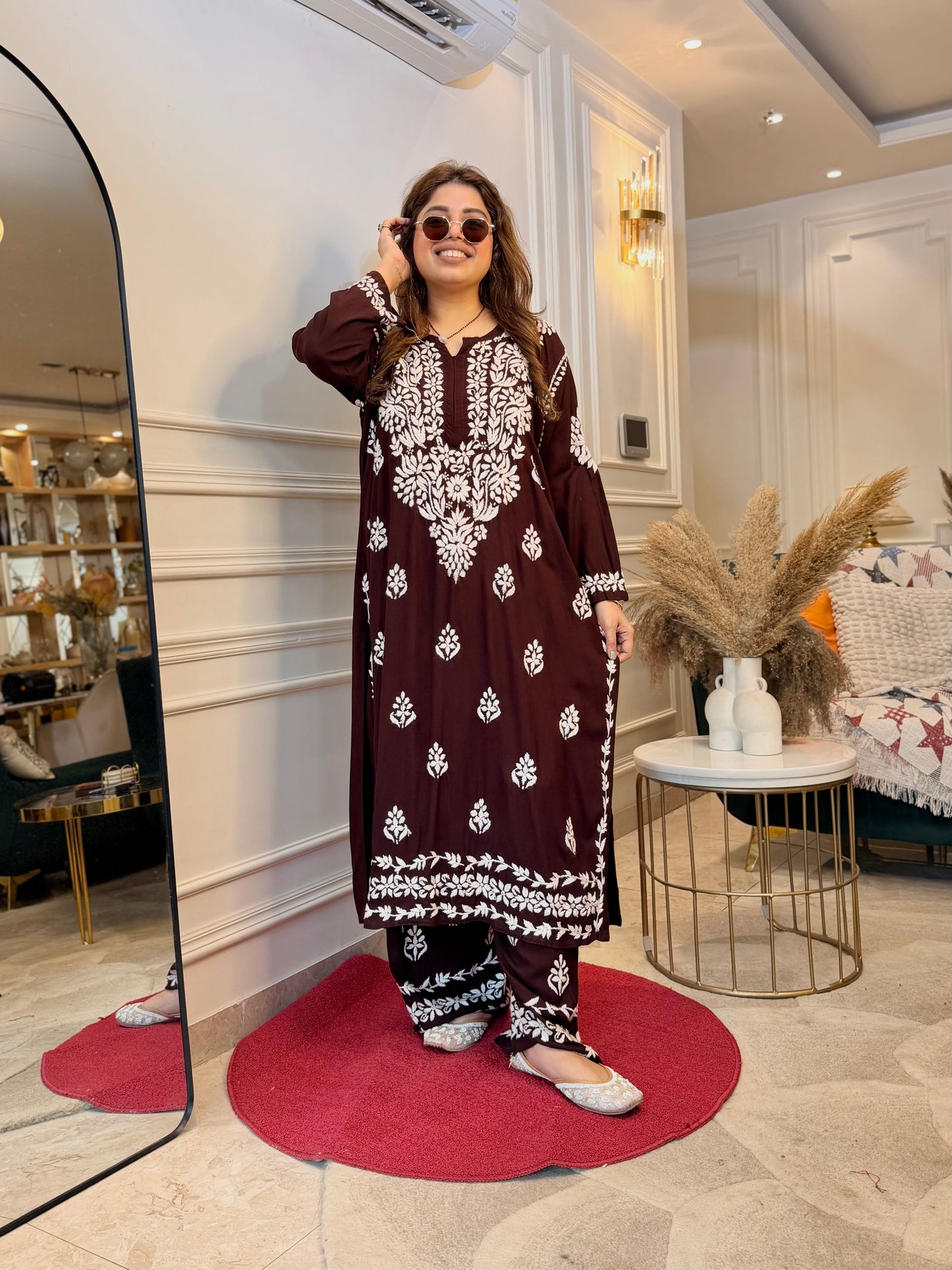 Hand Embroidered Chikankari Kurta set | Modal  | Chocolate Brown