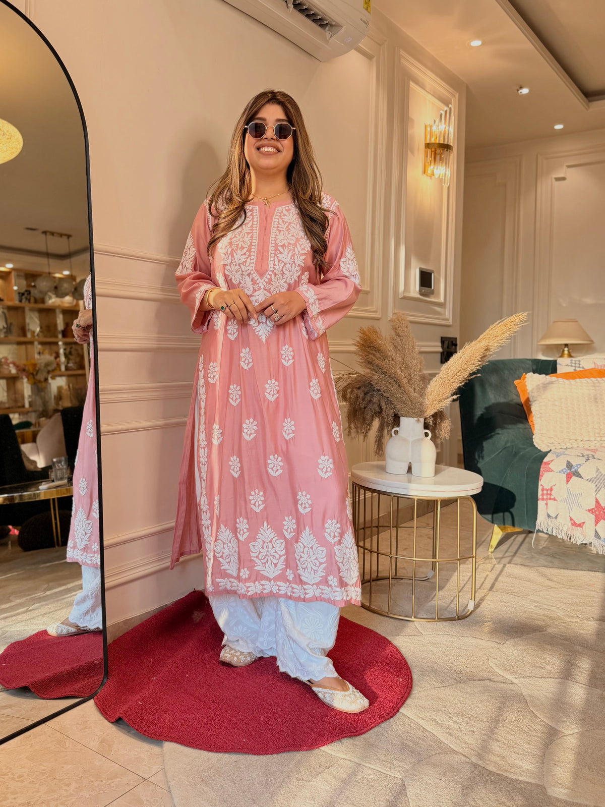 Hand Embroidered 3D Chikankari Kurta | Mul Chanderi | Pastel Rose