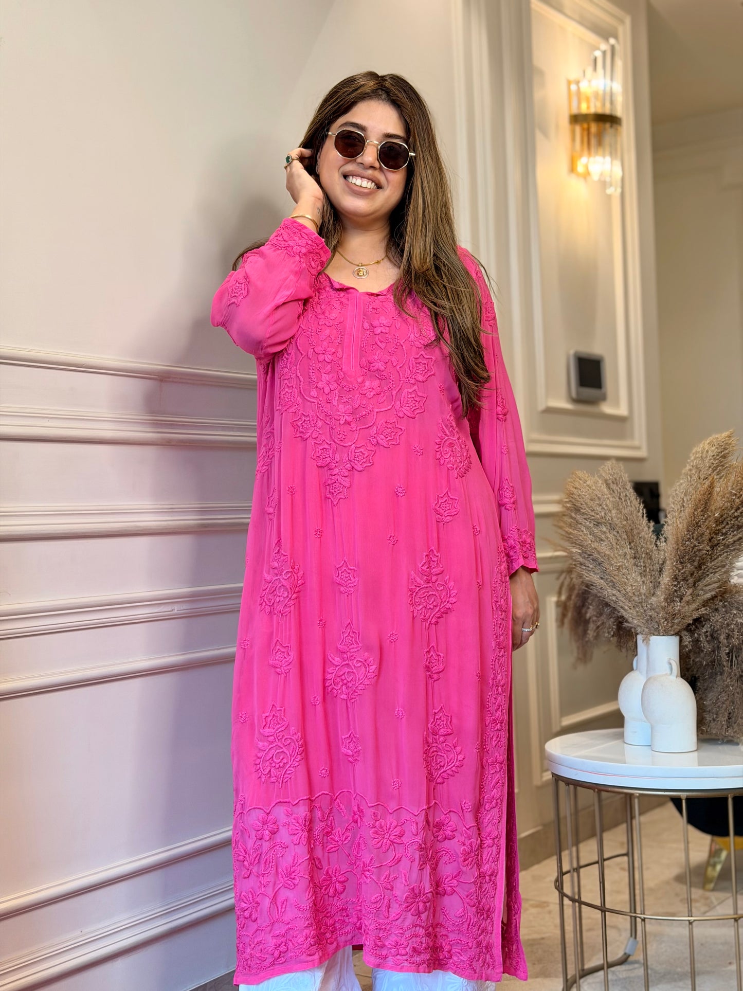 Hand Embroidered 3DChikankari Kurta  | Viscose |  Hot Pink