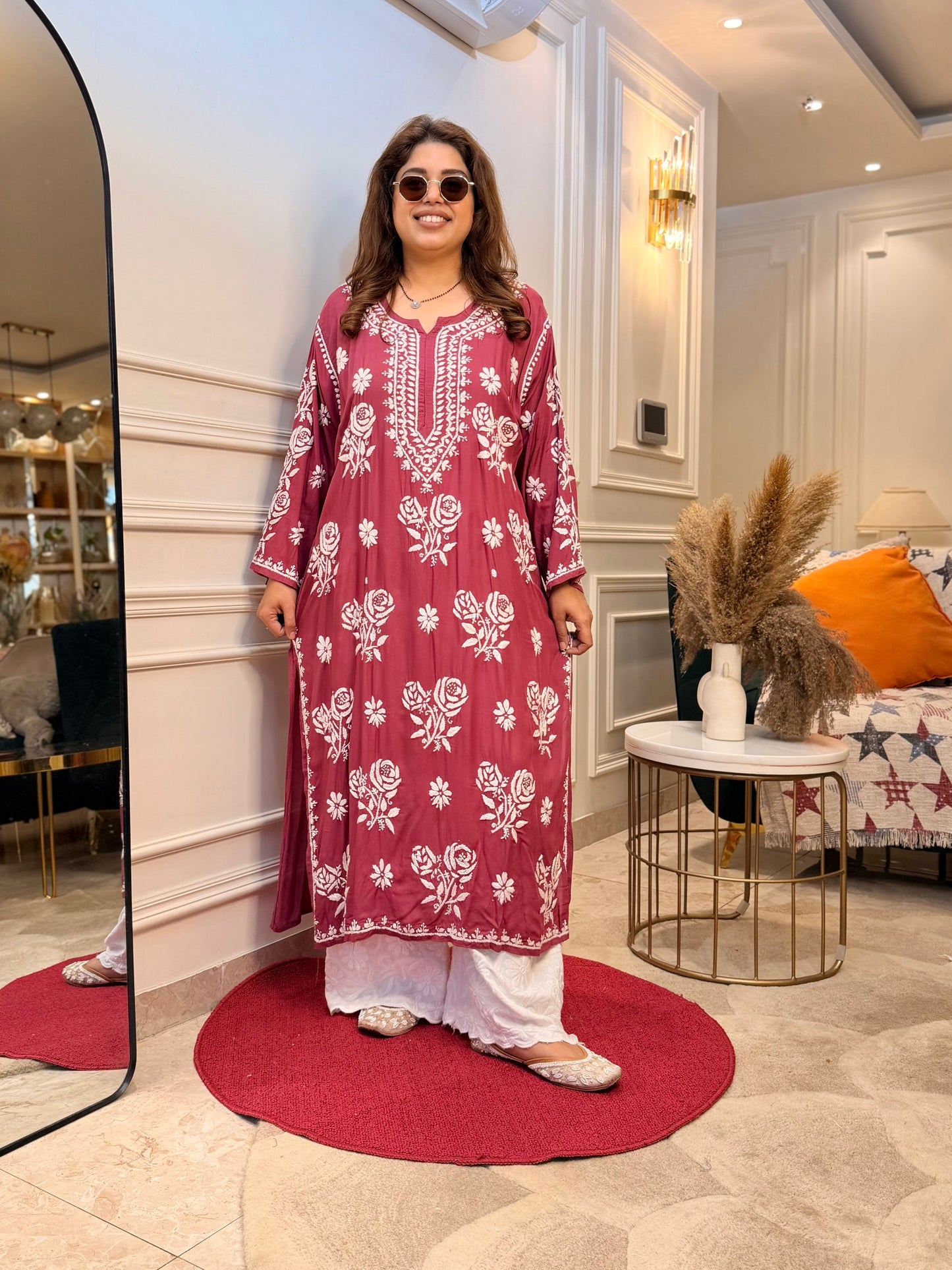 Hand Embroidered 3D Chikankari Kurta | Premium Modal | Dusty Pink