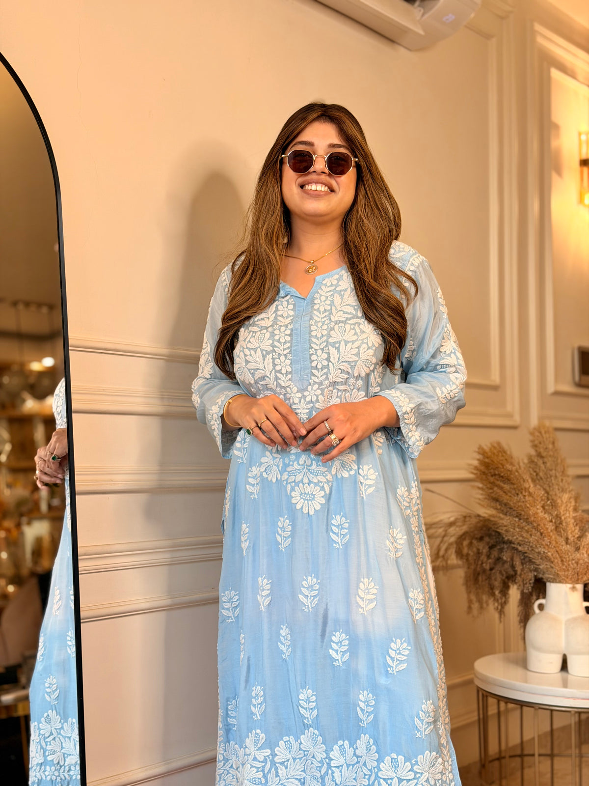 Hand Embroidered 3D Chikankari Kurta | Mul Chanderi | Sky Blue