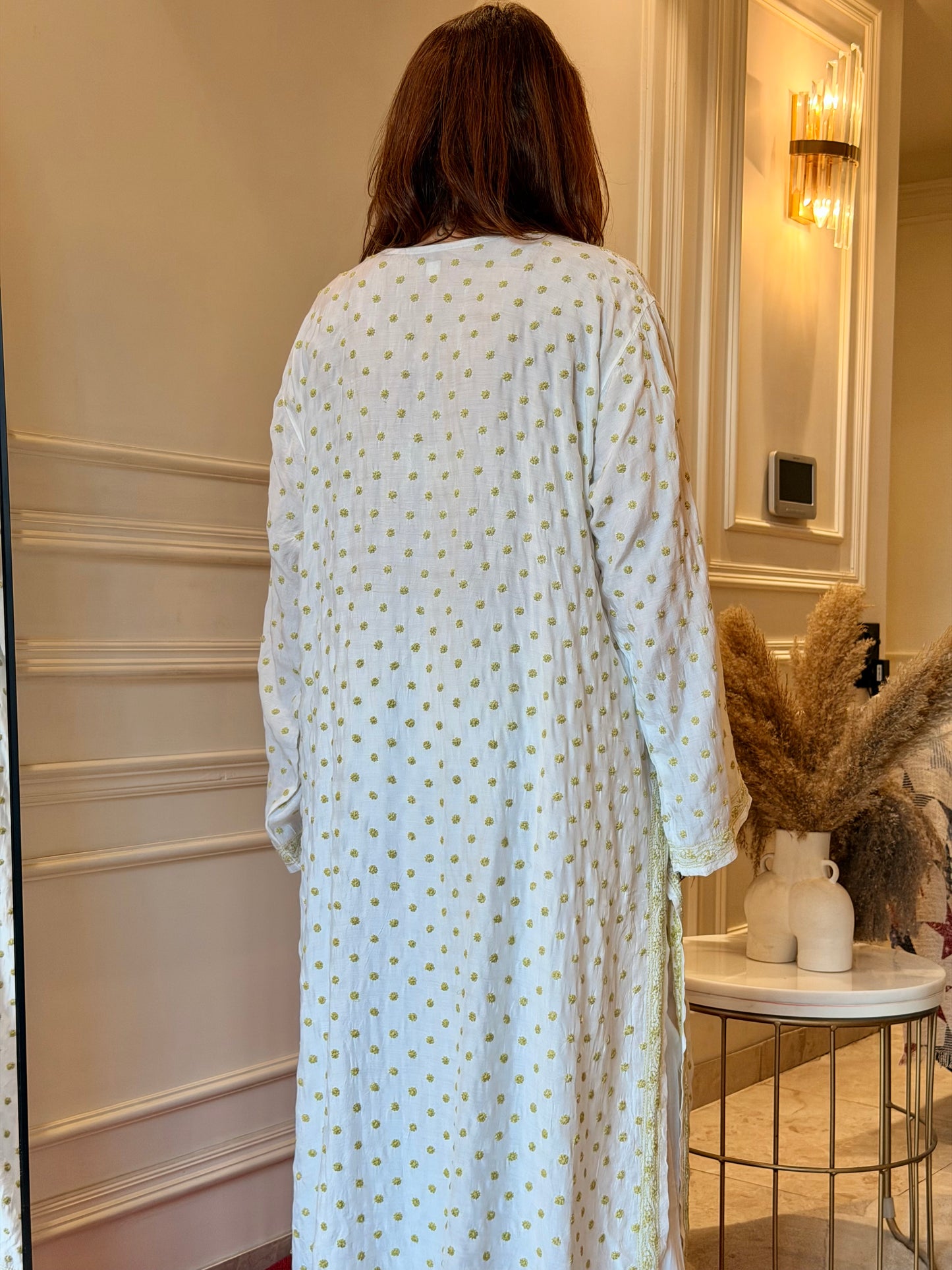 Hand Embroidered Chikankari Kurta  | Mul Chanderi | white with Olive Green| Plus Size