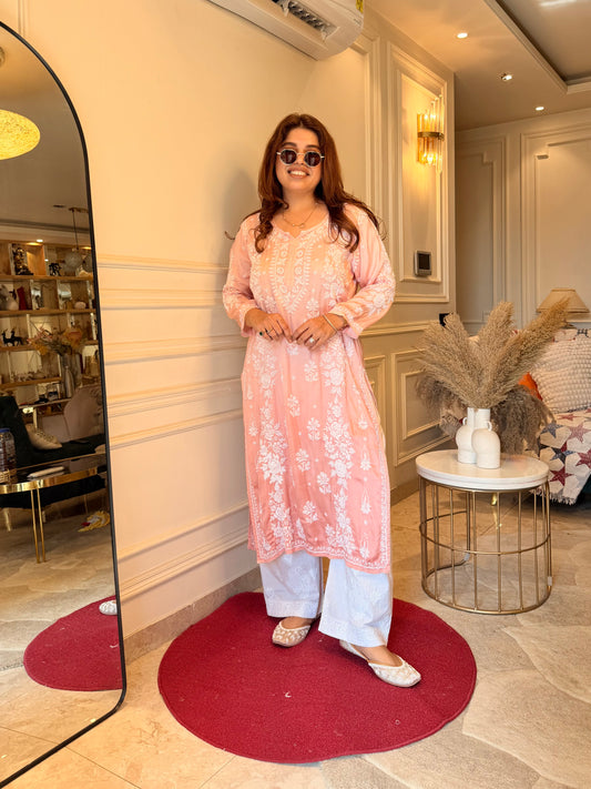 Chikankari Kurta | Modal Silk | Ombré Peach