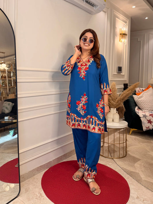 Cotton Kashmiri Emberoried Cordset- Royal Blue