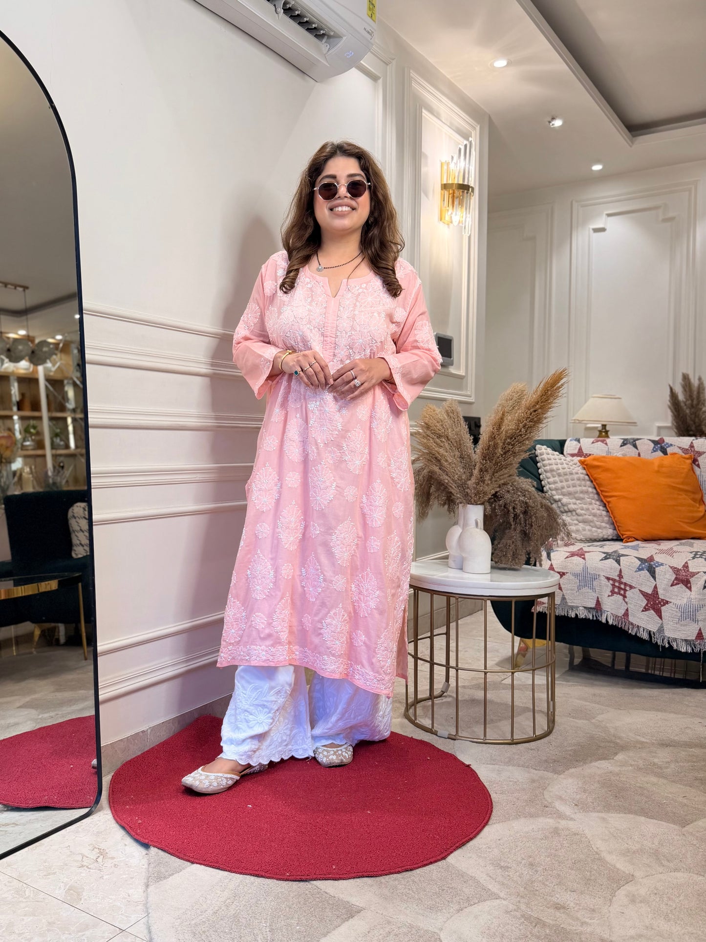 Hand Embroidered Chikankari Kurta | Premium Mul Cotton | Peach Pink