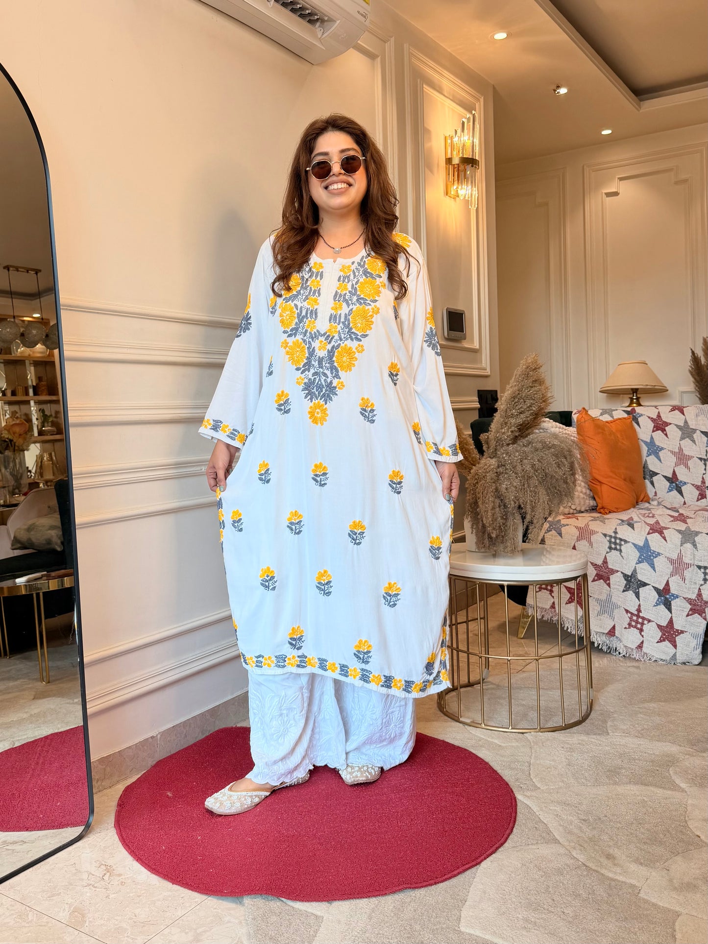 Hand embroidered Chikankari Kurta | Premium Cotton | White with Mustard and Grey