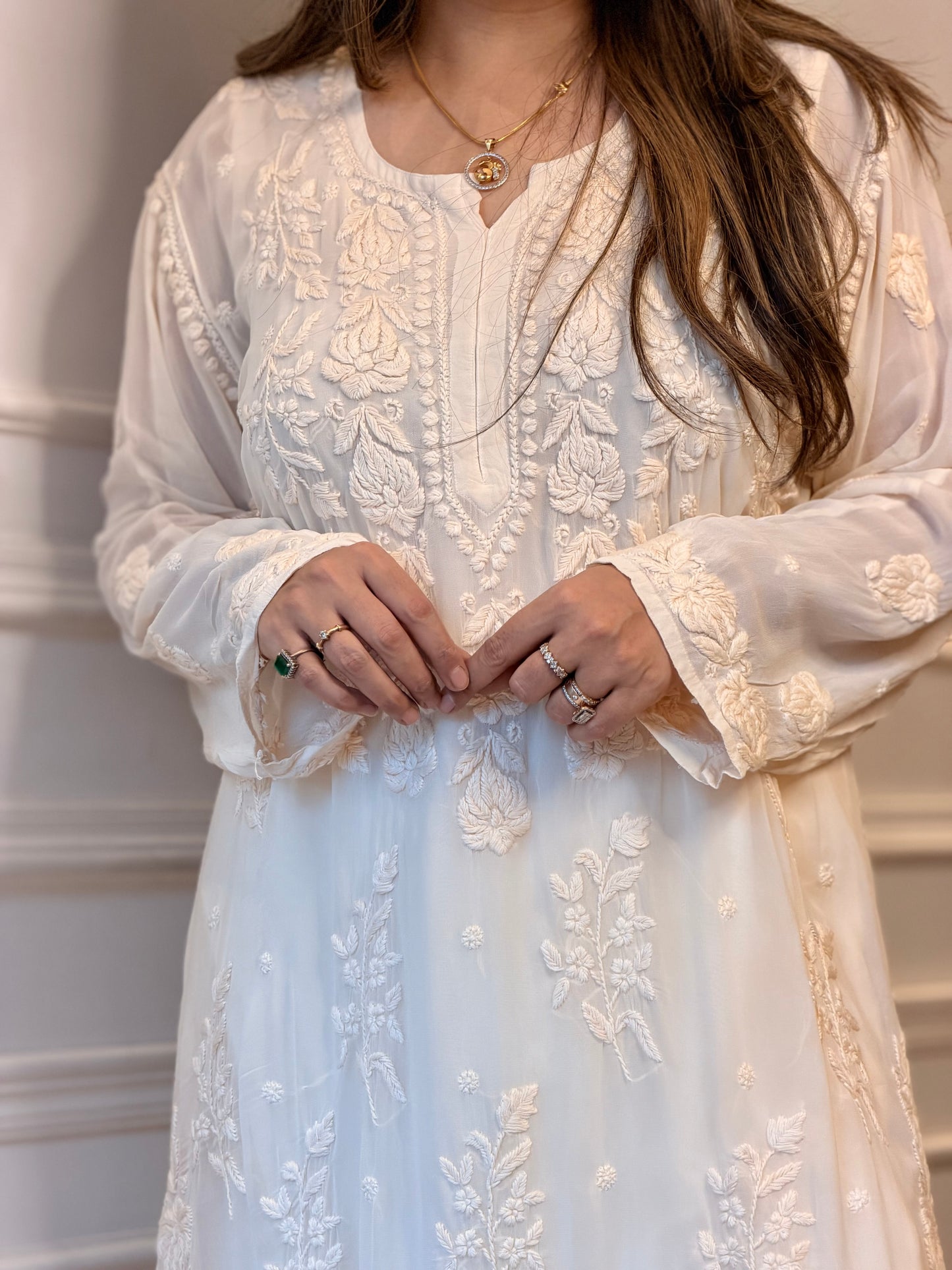 Hand Embroidered 3DChikankari Kurta  | Viscose | Beige