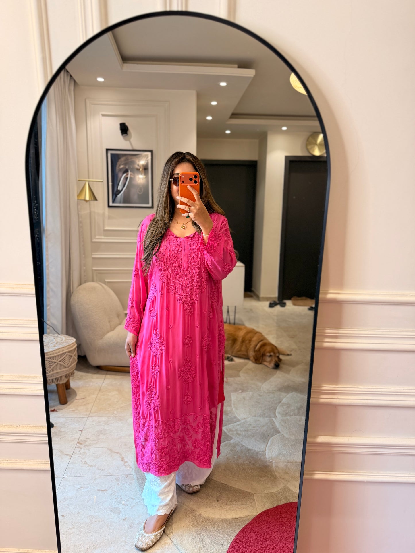 Hand Embroidered 3DChikankari Kurta  | Viscose |  Hot Pink