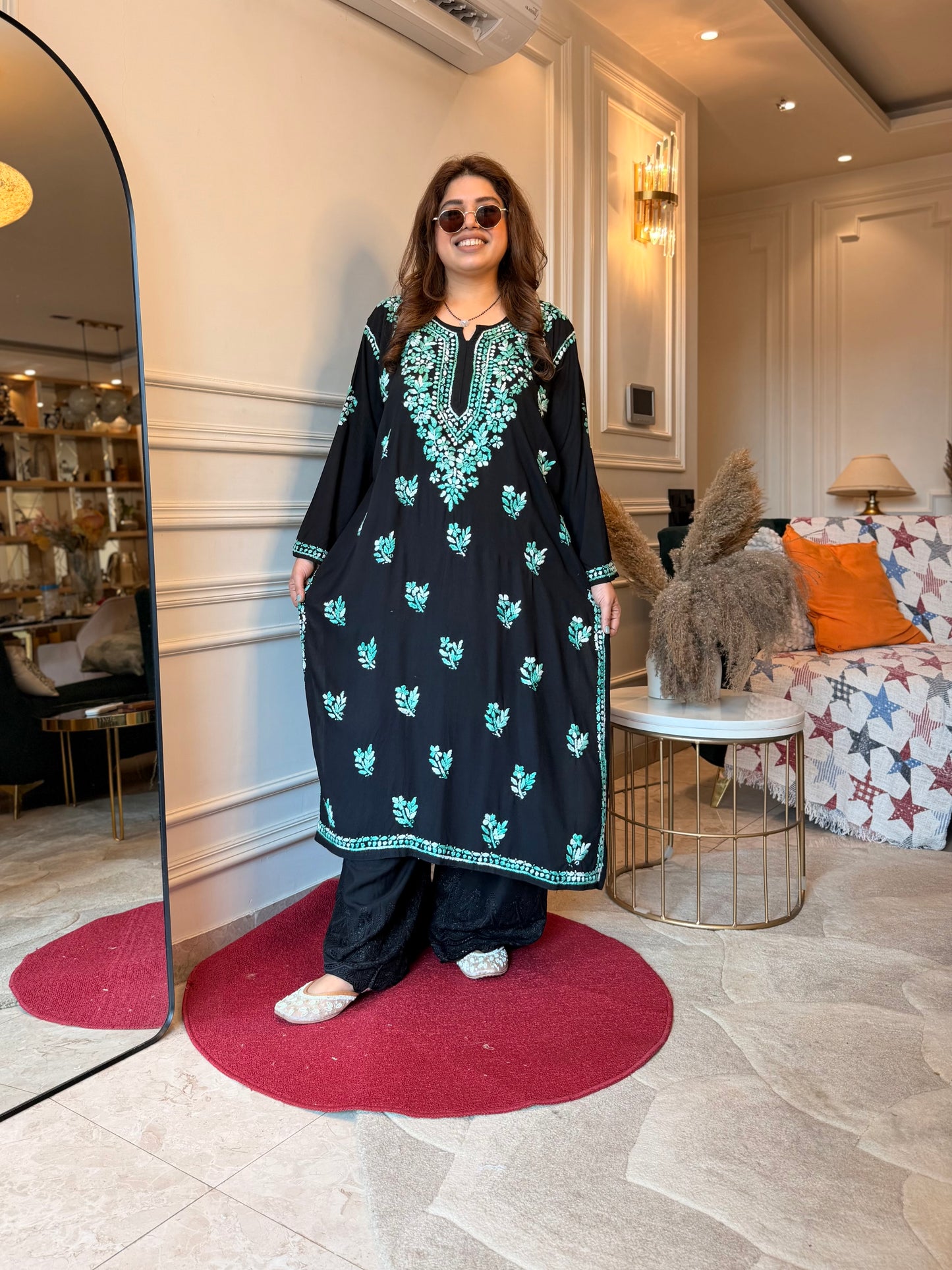 Hand Embroidered Chikankari Kurta  | Premium Cotton | Black with Teal Green