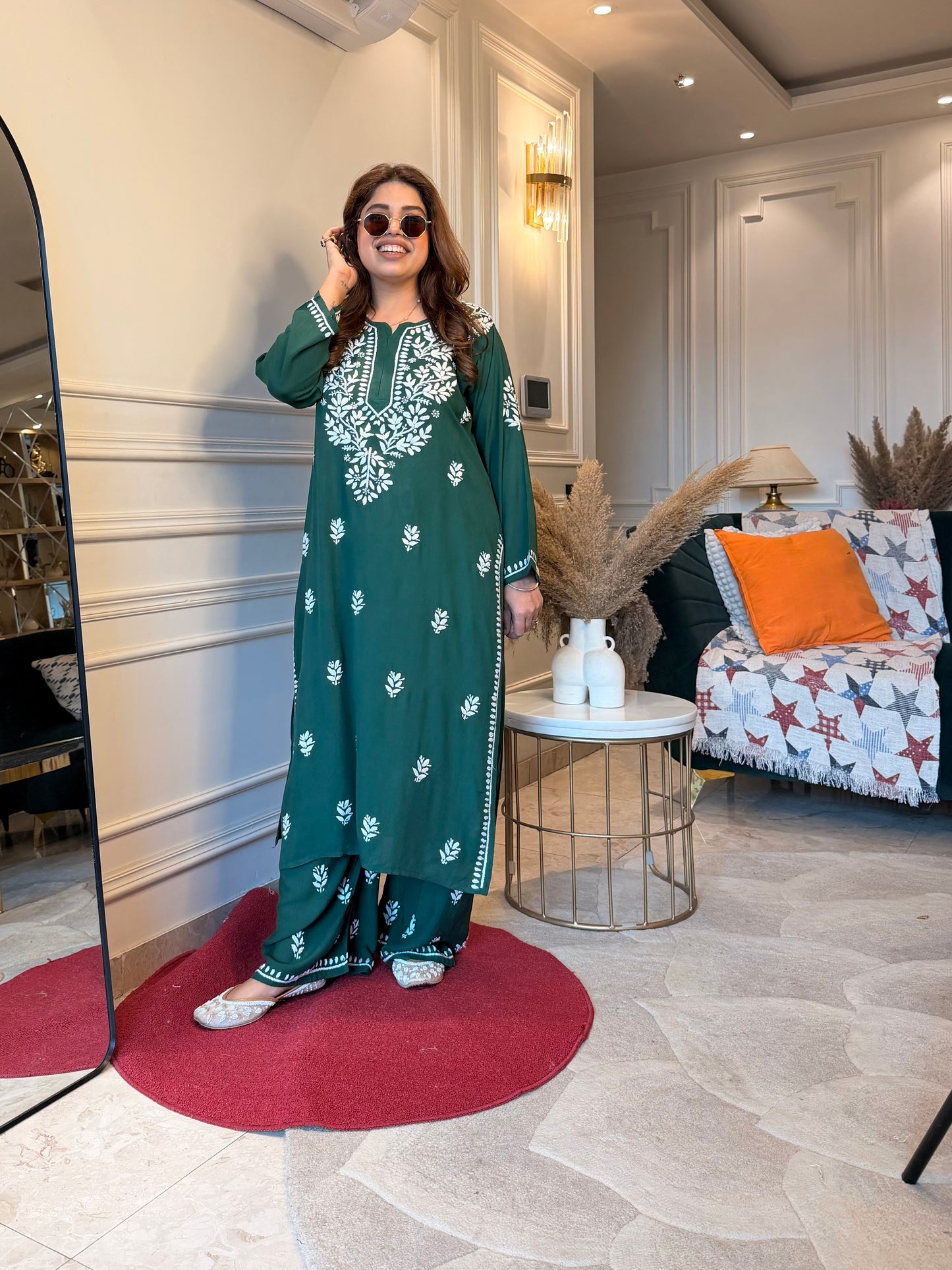 Hand Embroidered Chikankari Kurta set | Modal | Emerald Green