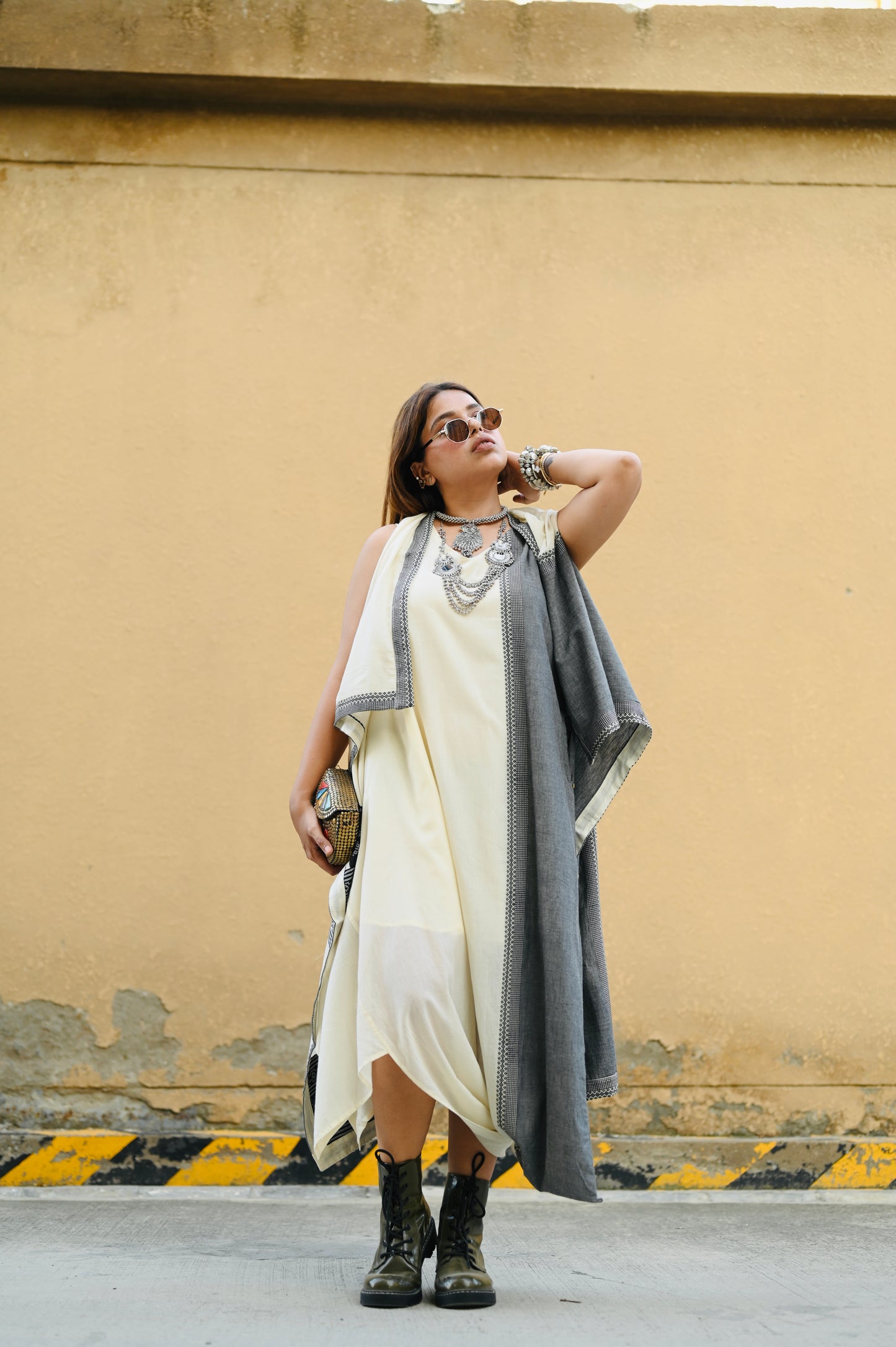 Premium Ivory Asymmetric Flowy Dress with Dual-Tone Ethnic Overlay