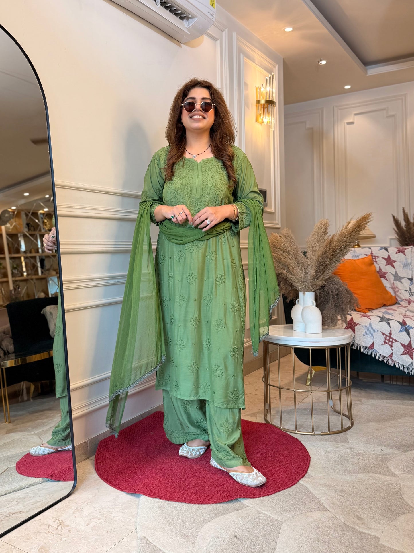Hand Embroidered Chikankari 3 piece Kurta set | Mul Chanderi | Green