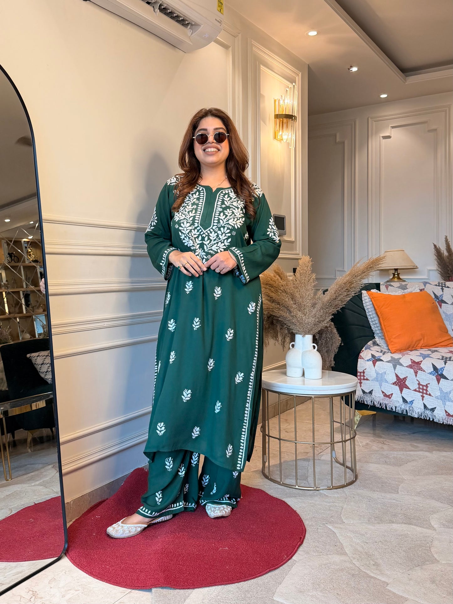 Hand Embroidered Chikankari Kurta set | Modal | Emerald Green