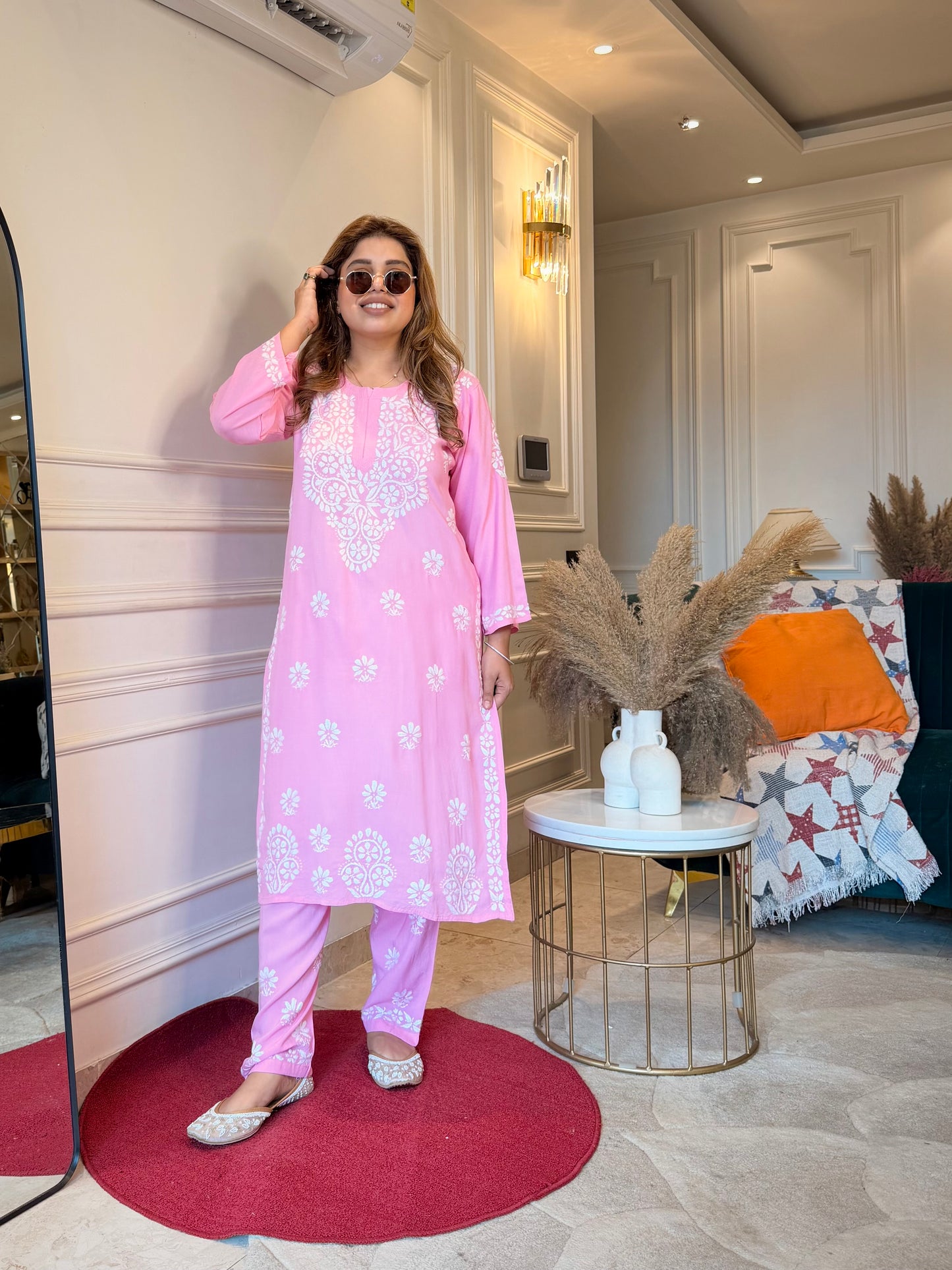 Hand Embroidered Chikankari Kurta set | Modal cotton | Pink