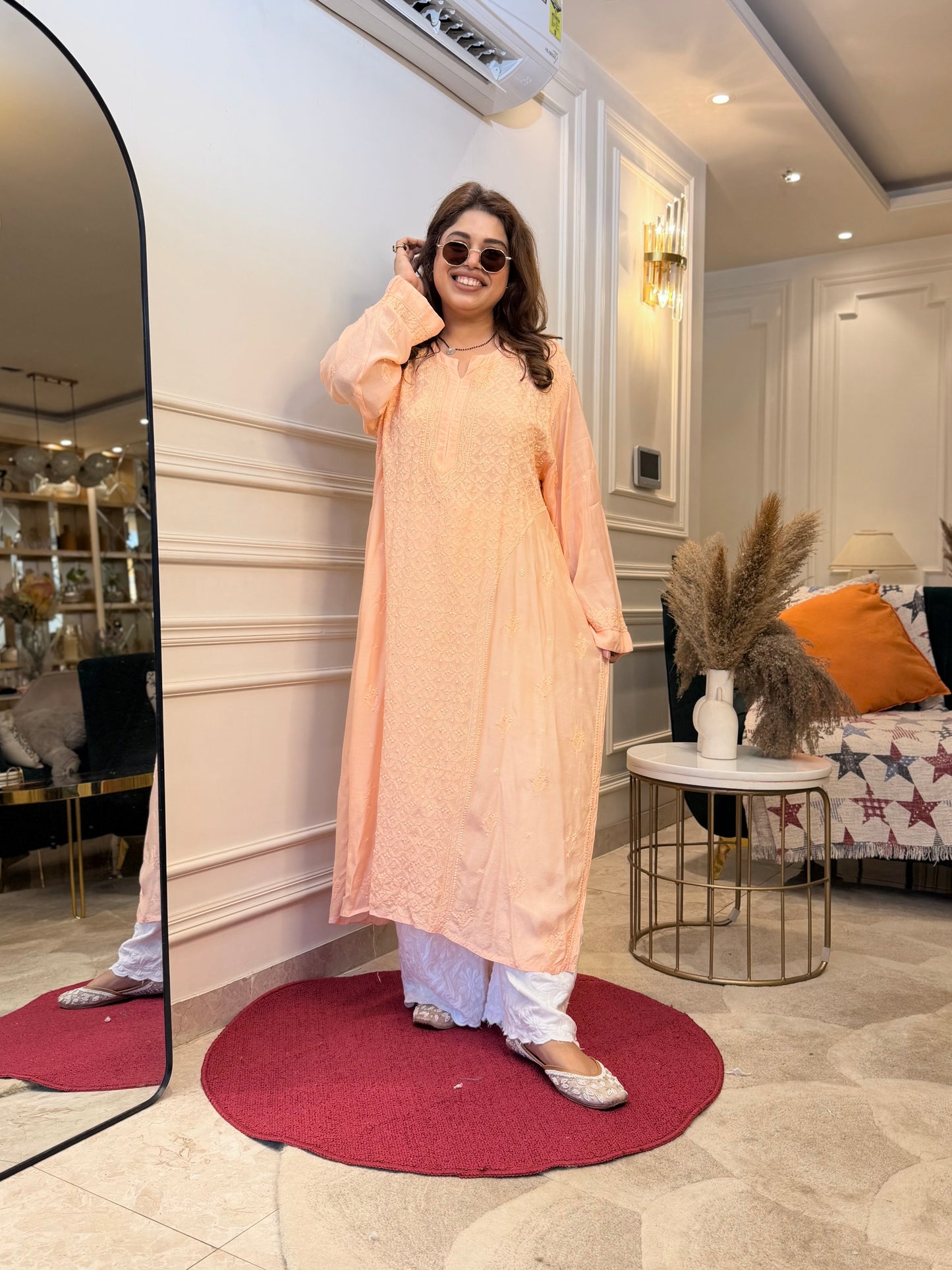 Hand Embroidered Chikankari Kurta  | Premium Muslin | Peach