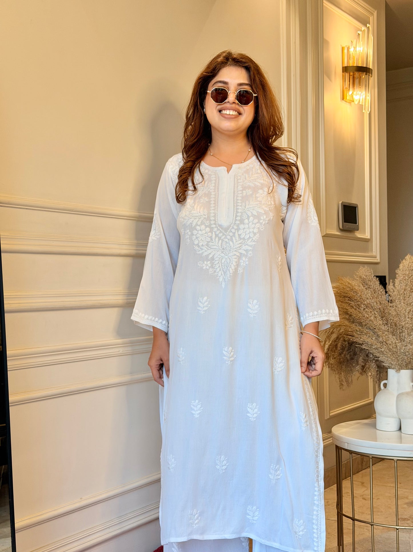 Hand Embroidered Chikankari Kurta set | Modal | white with Shimmer Detailing
