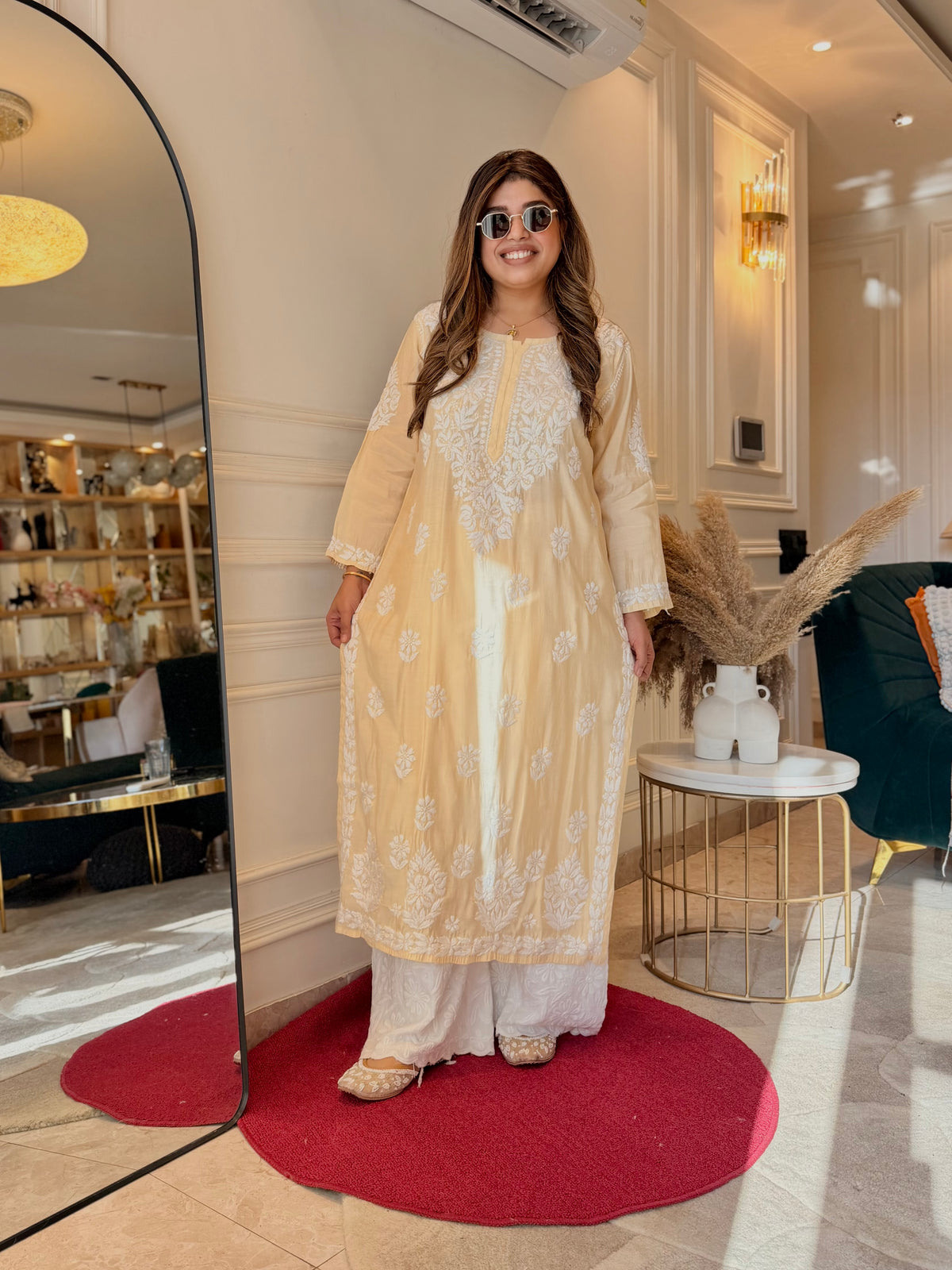 Hand Embroidered 3D Chikankari Kurta | Mul Chanderi | Light Yellow