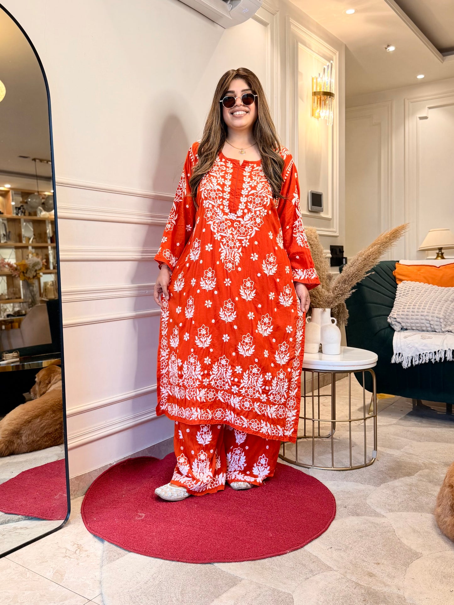 Hand embroidered 3D Chikankari Kurta set | Premium Modal| Orange