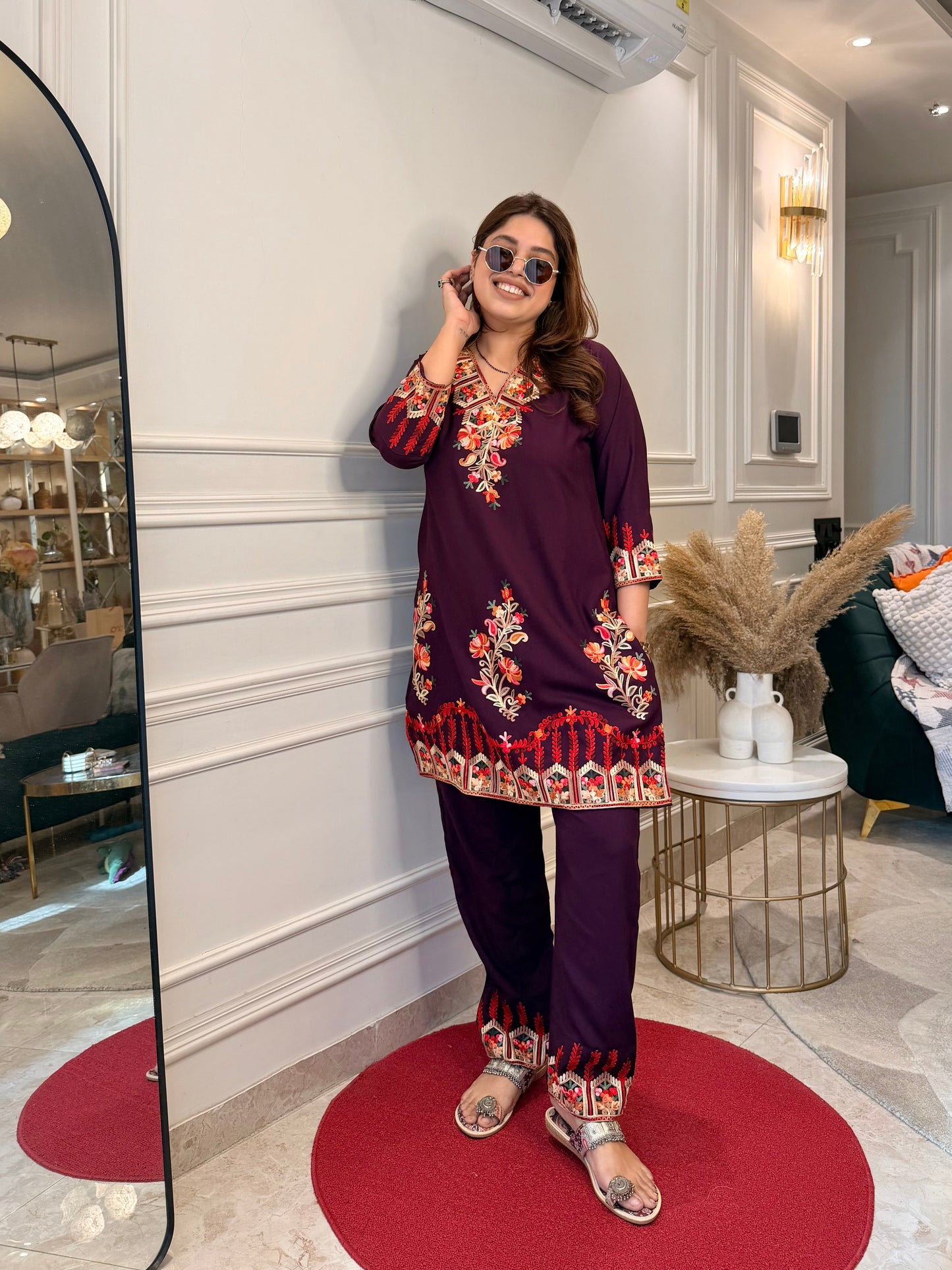 Cotton Kashmiri Emberoried Cordset- wine colour