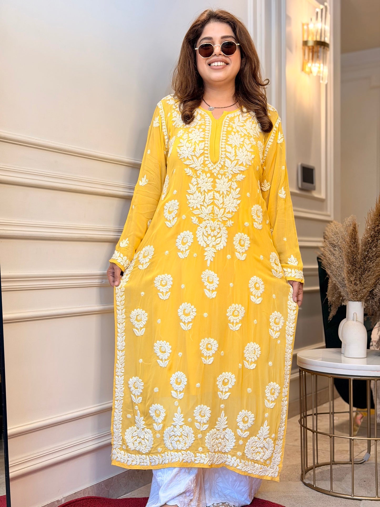 Hand Embroidered 6D Chikankari Kurta  | Premium Viscose | Mustard