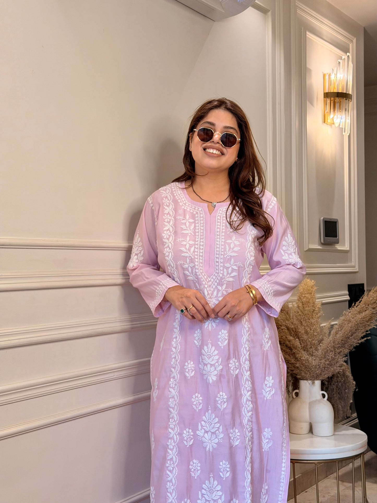 Hand Embroidered Chikankari Kurta Set - Baby Pink