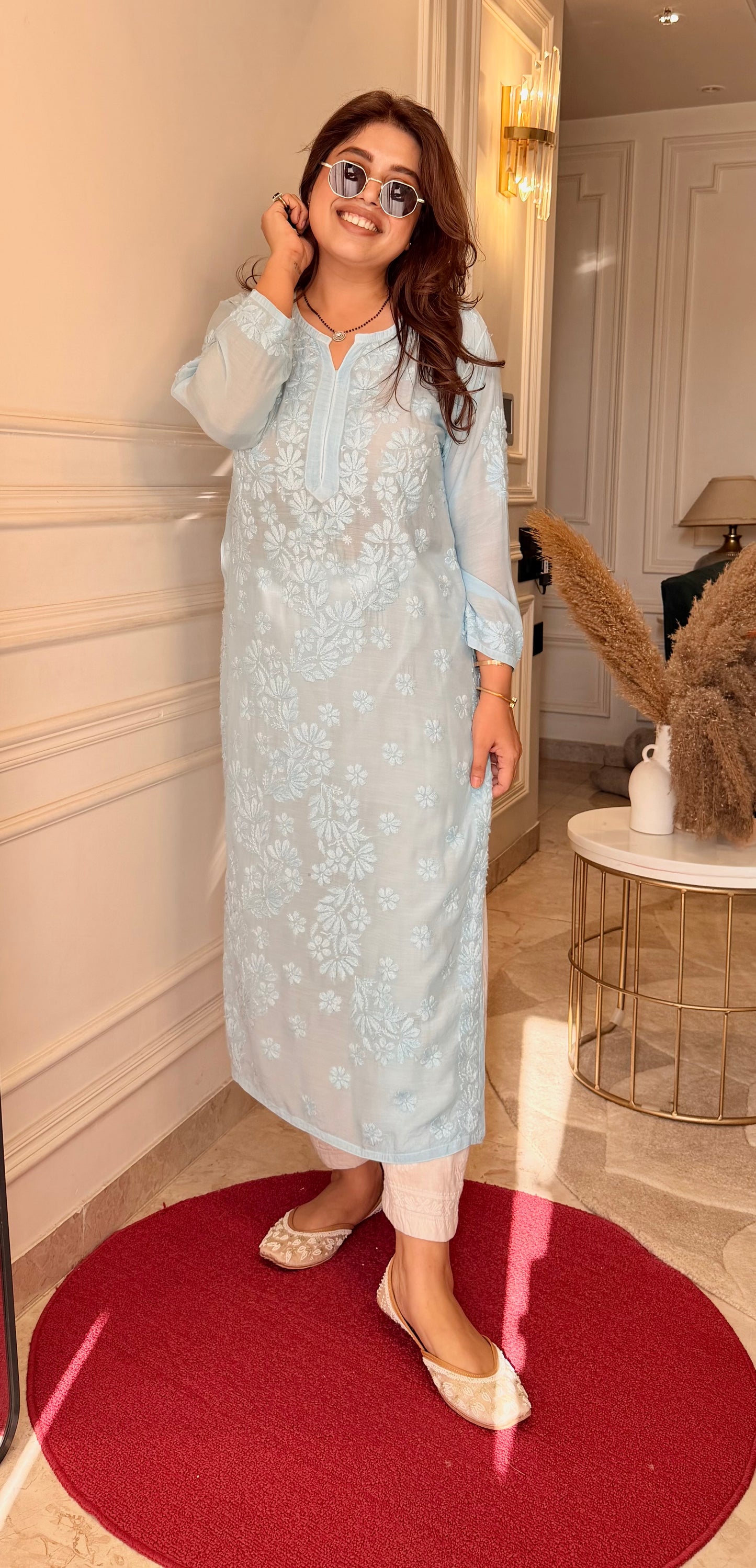 Pre Order | Chikankari Kurta set | Mul Chanderi | Sky Blue