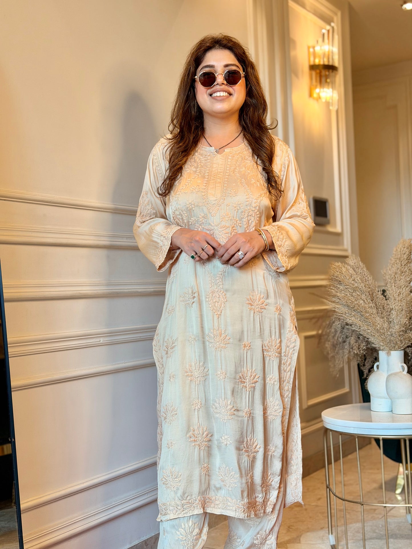 Hand Embroidered Chikankari Kurta set | Modal Satin Silk | Ivory