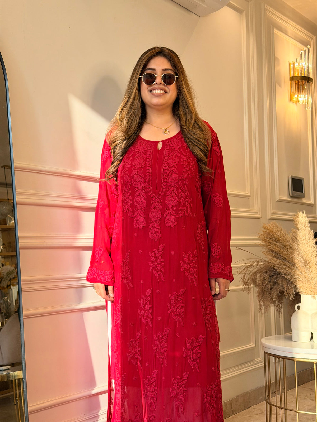 Hand Embroidered 3DChikankari Kurta  | Viscose | Cherry Red