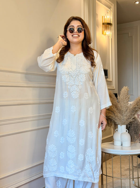 Hand Embroidered Chikankari Kurta set | Muslin | white with Shimmer Detailing