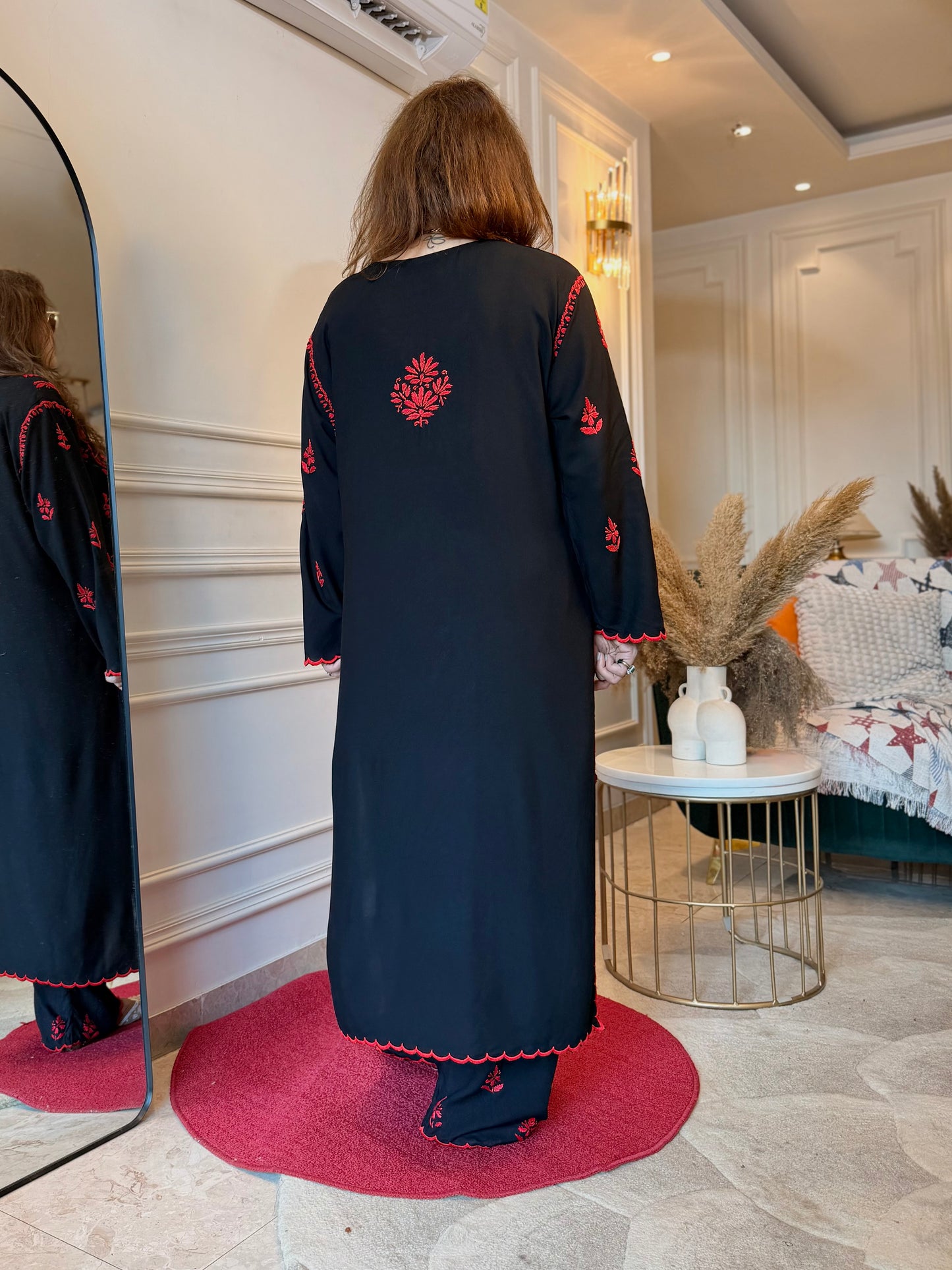 Hand Embroidered Chikankari Kurta set | Modal  | Black with Red