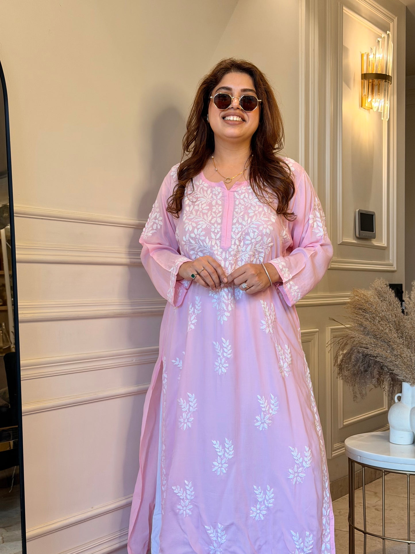 Hand Embroidered Chikankari Kurta | Modal | Baby Pink