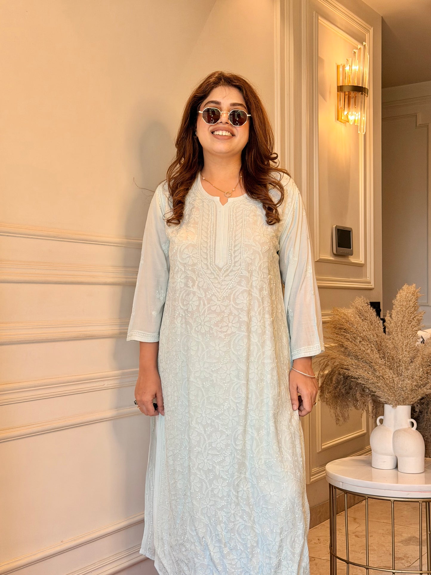 Hand Embroidered Chikankari Kurta  | Premium Muslin | Ocean Blue