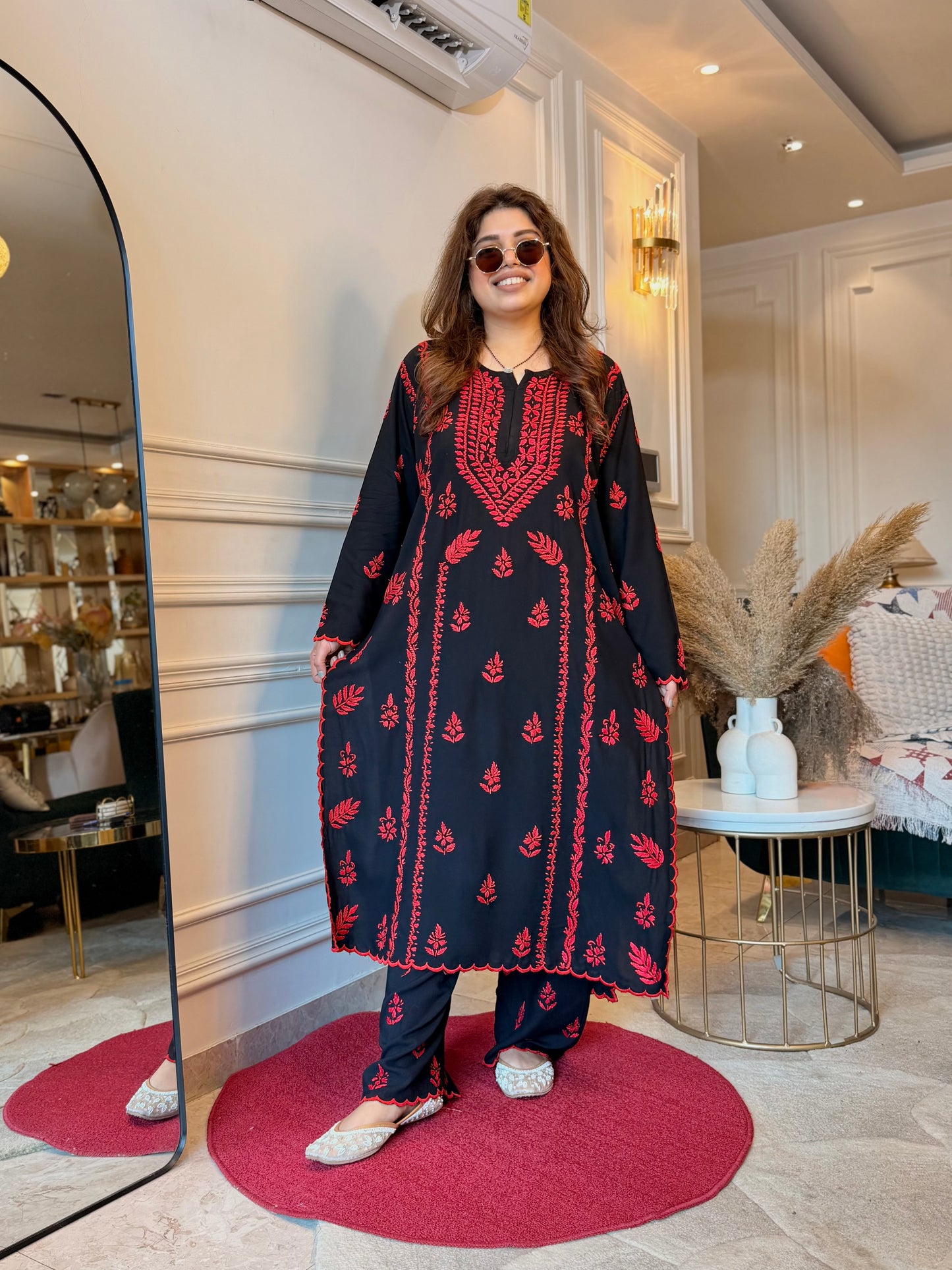 Hand Embroidered Chikankari Kurta set | Modal  | Black with Red