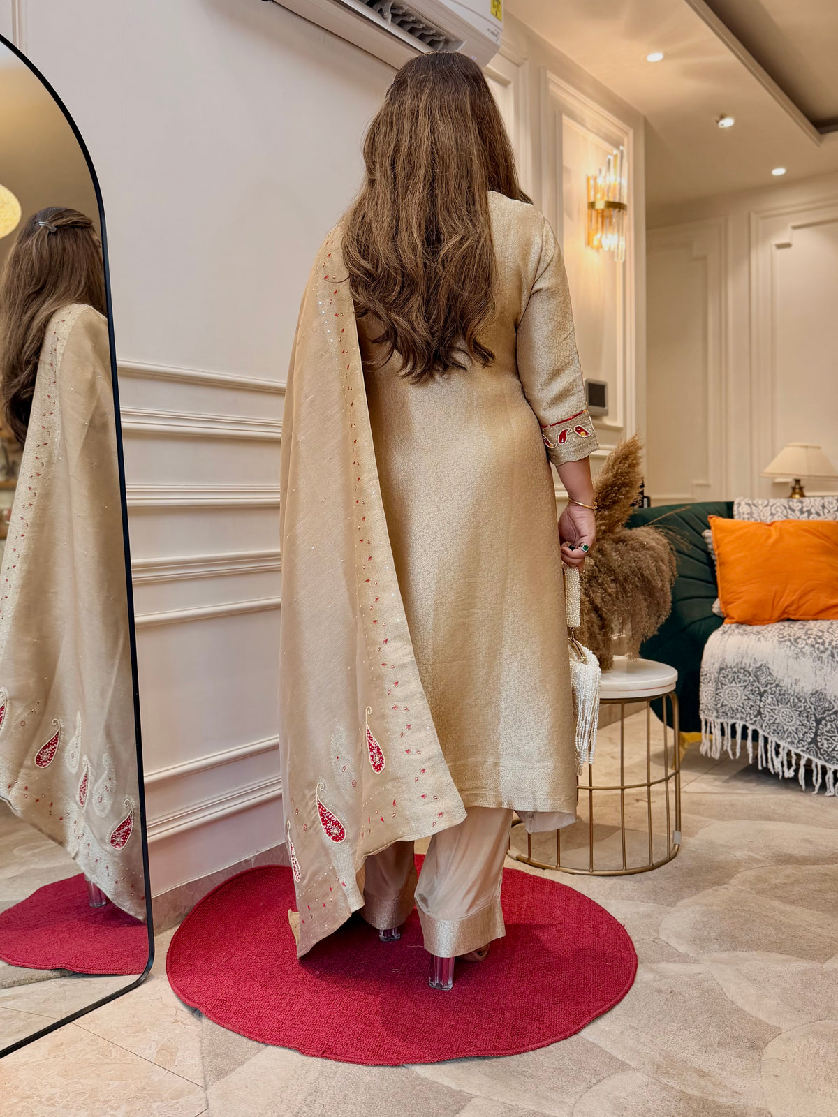 Exclusive Gold Beige Brocade Jacquard 3Piece A line kurta set
