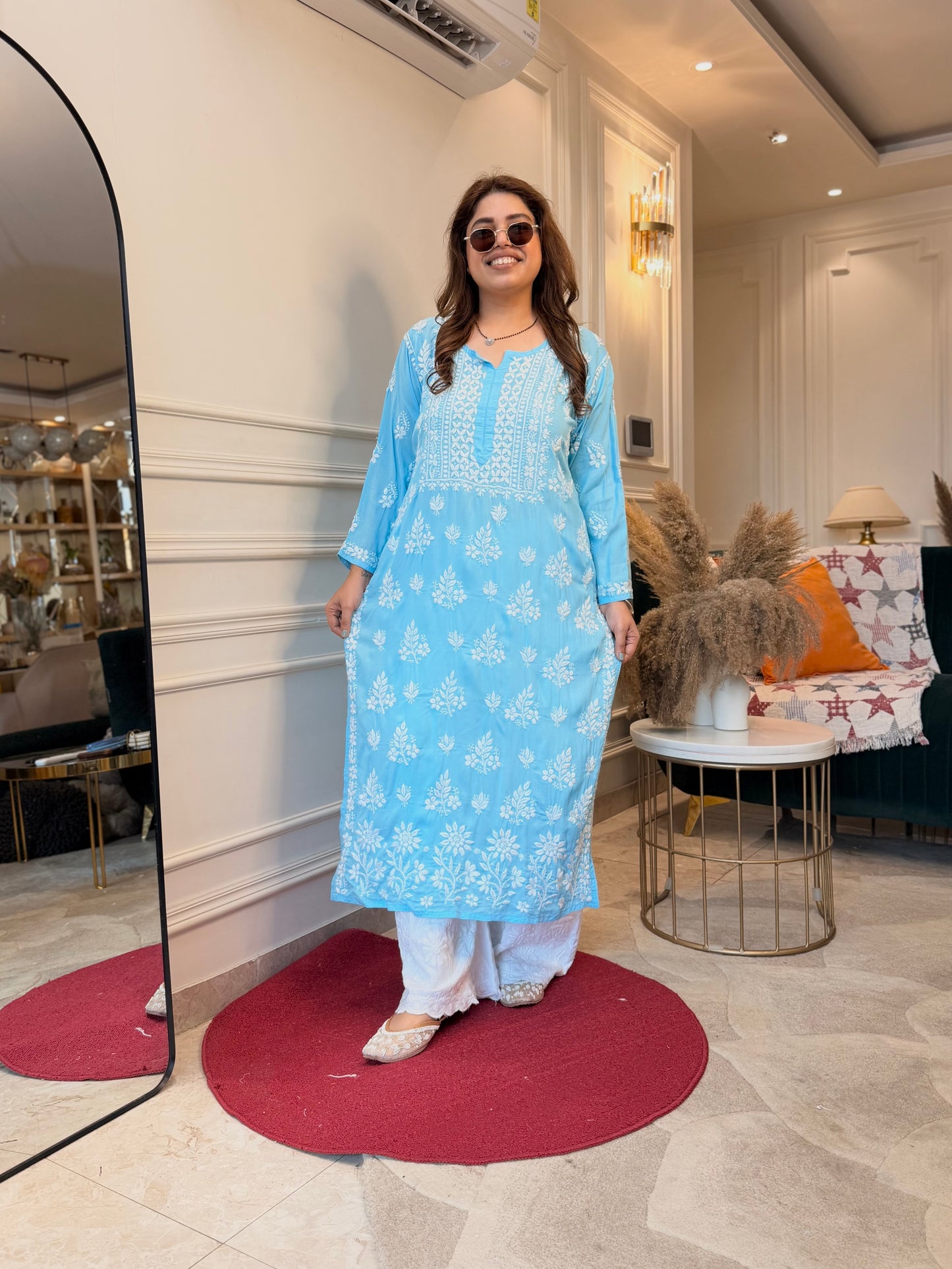 Hand Embroidered 3DChikankari Kurta  | Mul Chanderi | Frozi Blue