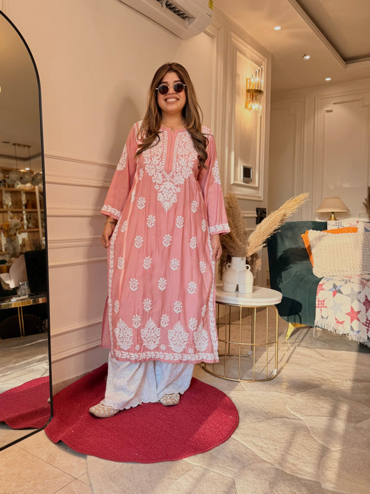 Hand Embroidered 3D Chikankari Kurta | Mul Chanderi | Pastel Rose