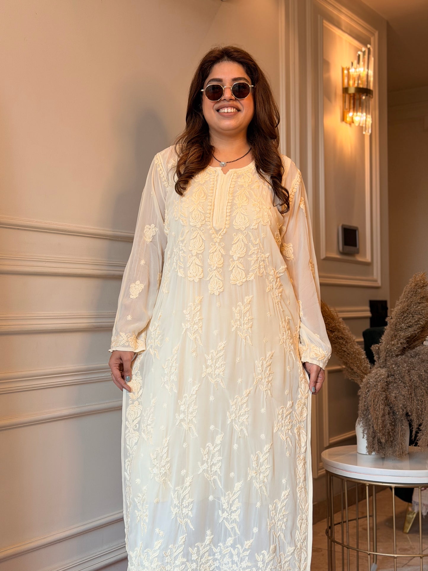 Hand Embroidered 3DChikankari Kurta  | Viscose | Ivory